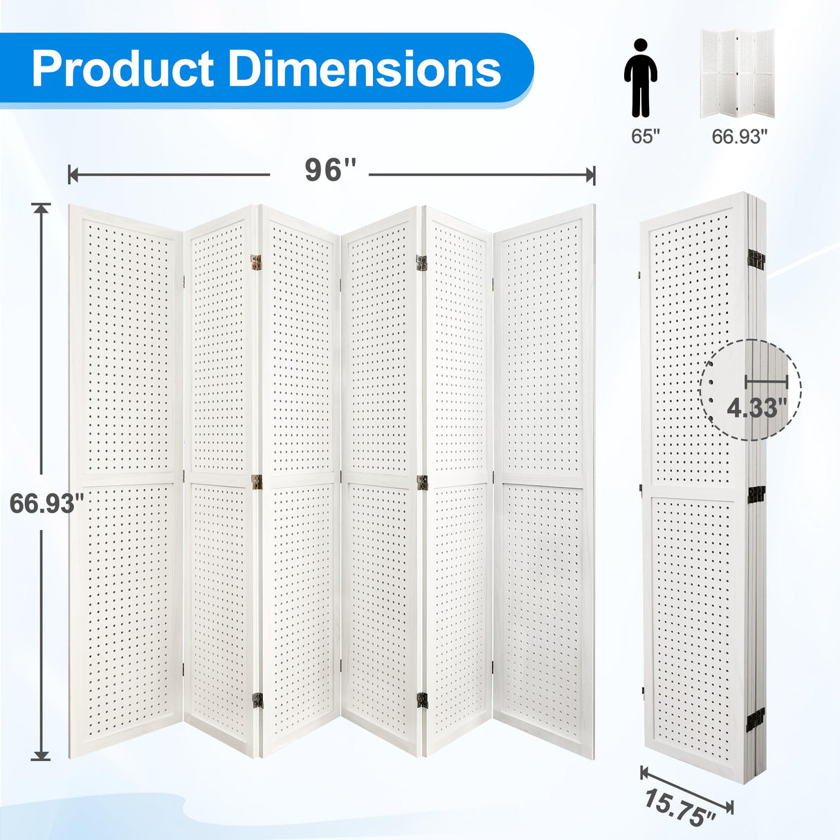 Grungis 6 Panel Room Divider with Pegboard Display 5.6FT Wood PegBoard Room Dividers, Folding Privacy Screens Portable Freestanding Partition Wall Divider for Art Shows & Room Separation, White Grungis