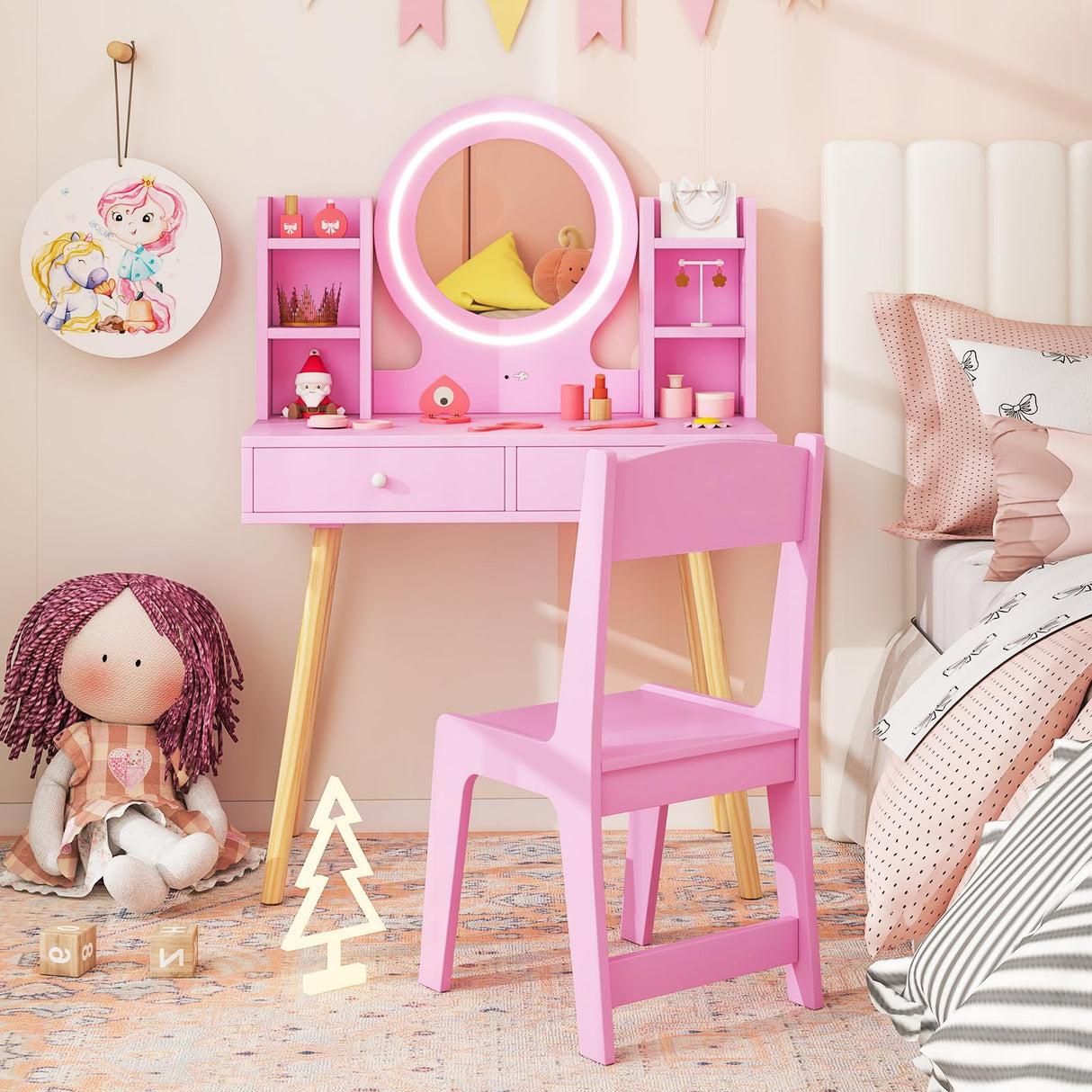 Costzon Kids Vanity, Girls Vanity Set with Mirror and Stool and Lights, Drawers, Storage Shelves, Wooden Toddler Makeup Vanity Desk Dressing Table, Pretend Play Kids Vanity Table and Chair Set (Pink) Costzon