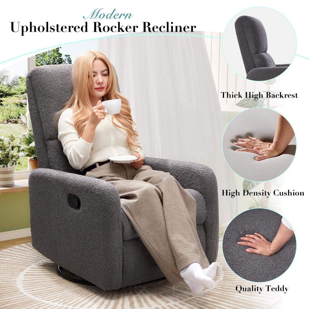 Jocisland Swivel Glider Rocking Recliner Chair for Adults, Nursery Rocker Reclining, Comfy Upholstered Single Sofa Armchair for Living Room Bedroom Nursing, Teddy Gray Jocisland