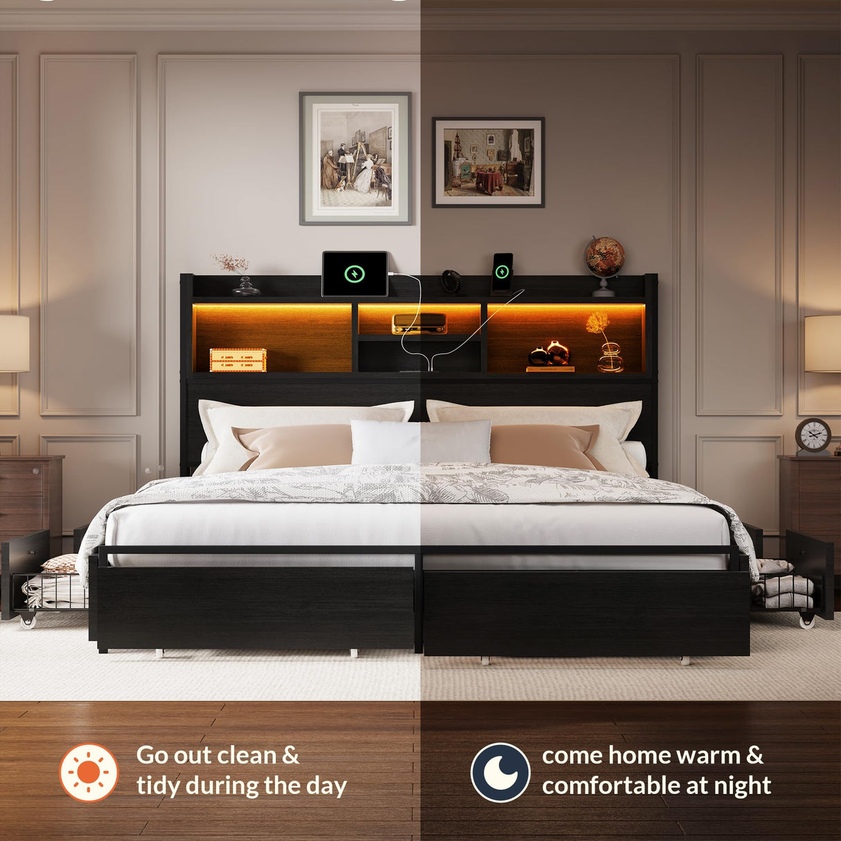 LARMACE King Size Bed Frame with 6 Storage Drawers and Headboard Wooden Platform Bed Frame with LED Lights and Charging Station Easy Assembly/No Box Spring Needed/Black LARMACE