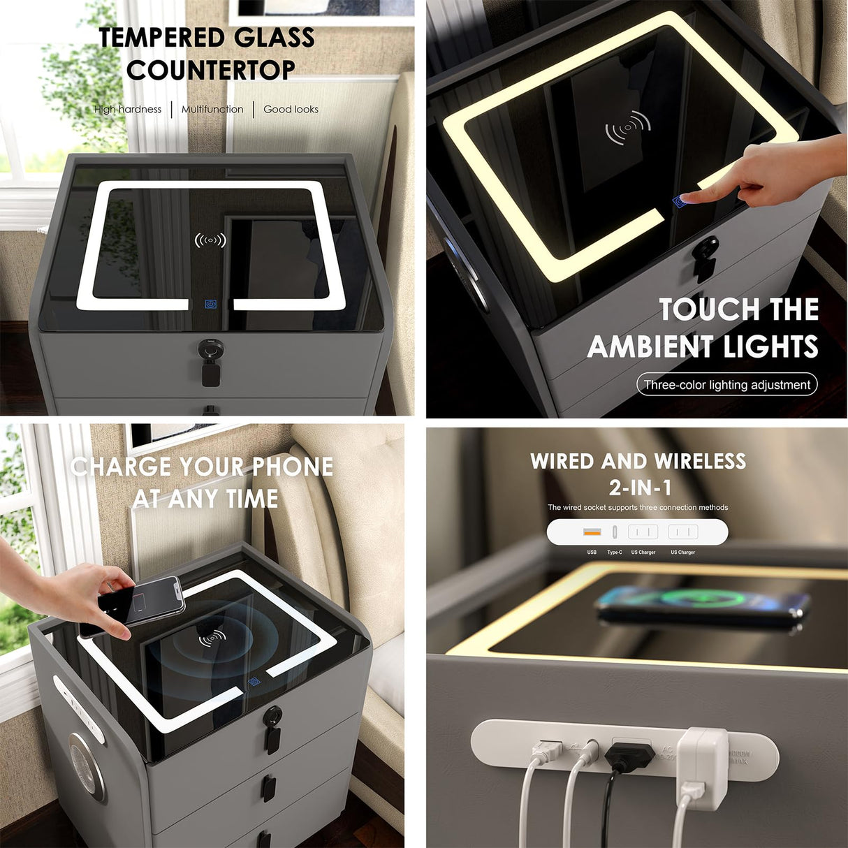 QHRAY Smart Nightstand with Fingerprint Lock Drawer, Nightstand with Wireless Charging, Night Stand with Charging Station,2 USB, LED Lights Bluetooth Speaker Side Table for Bedroom/Living Room QHRAY