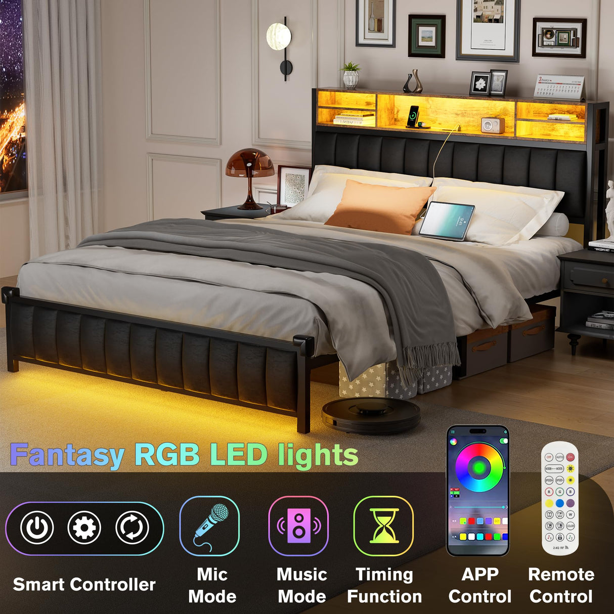 Alohappy Full Size Upholstered Bed Frame with Bookcase Headboard, LED Lighting & Charging Station Alohappy