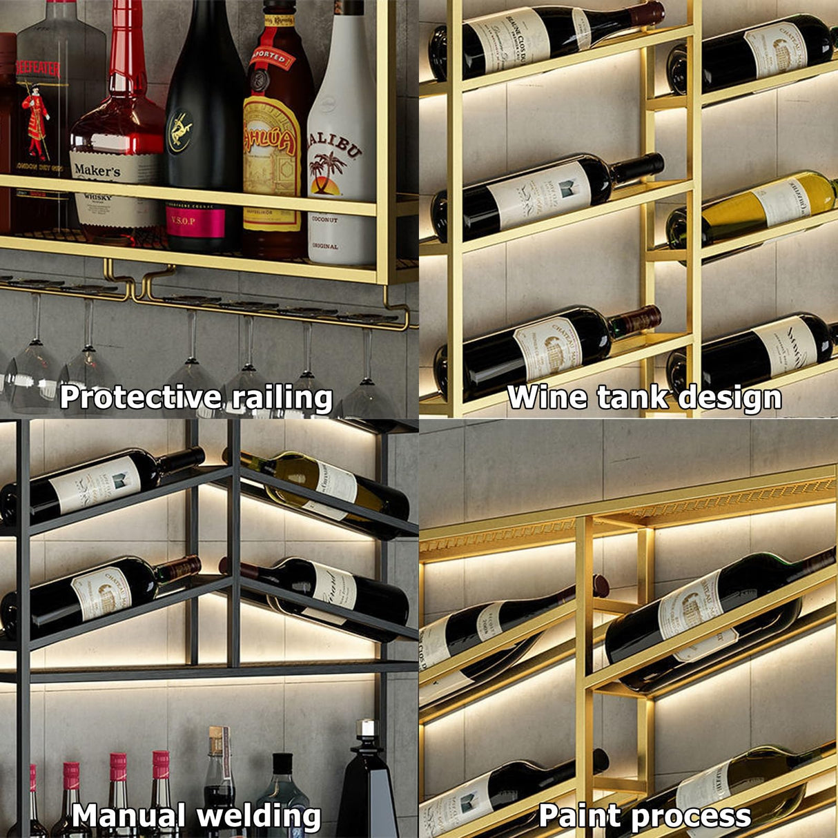 SUZEPER LED Industrial Wine Rack Wall Mounted,with Wine Glass Rack Floating Bar Shelves,Rack Iron Display Stand Wine Holder,Storage Racks Countertop,for Home Restaurant Bars SUZEPER