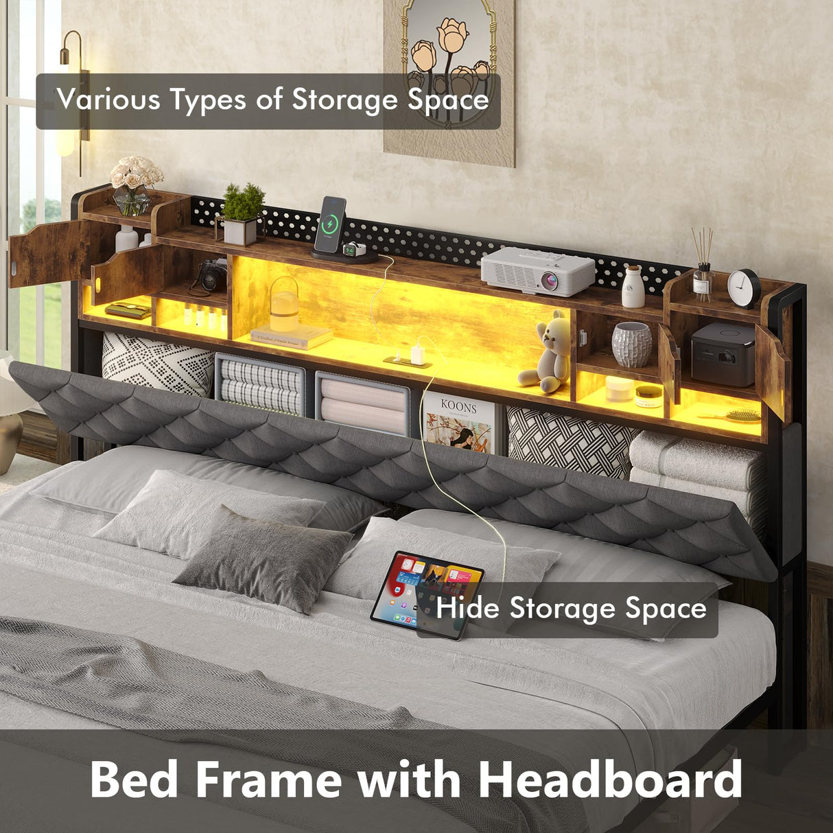 Dnxao King Bed Frame with Upholstered Headboard, Bed Frame King Size with Hidden Storage,3-Tier Storage Shelves, LED Lights and Charging Station, King Bed with Noise-Free, No Box Spring Needed, Gray Dnxao