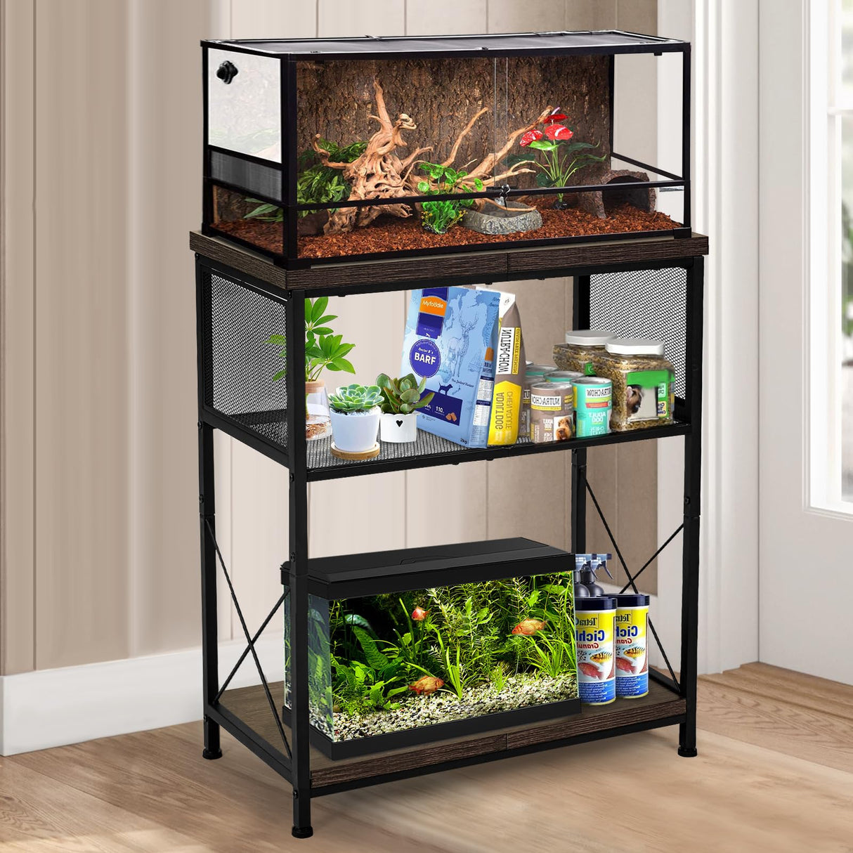 LALA IKAI Fish Tank Stand, 10-20 Gallon Metal Aquarium Stand Table with 2 Tiers Storage Shelf, 4-Leg Reptile Tank Stand 25.59" L x 12.60" W x 30.70" H, Black LALA IKAI
