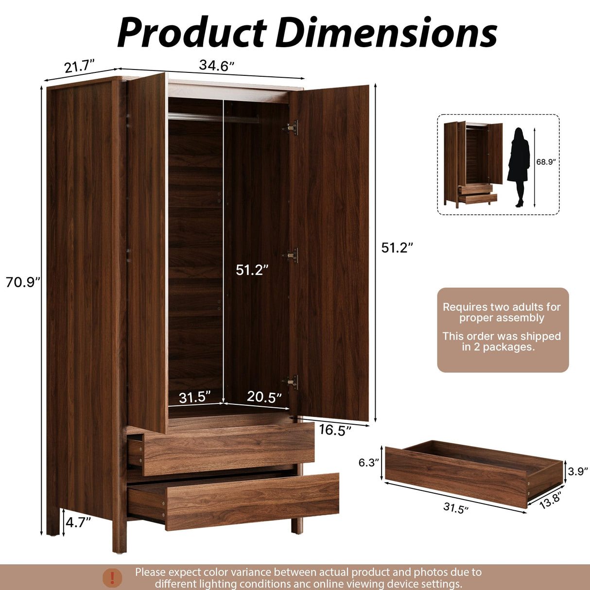 MAISONARIA Wardrobe with 2 Doors and 2 Drawers, 70.9”H Modern Walnut Bedroom Armoire Closet with Hidden Handles, Freestanding Wooden Storage Cabinet for Clothes and Essentials MAISONARIA