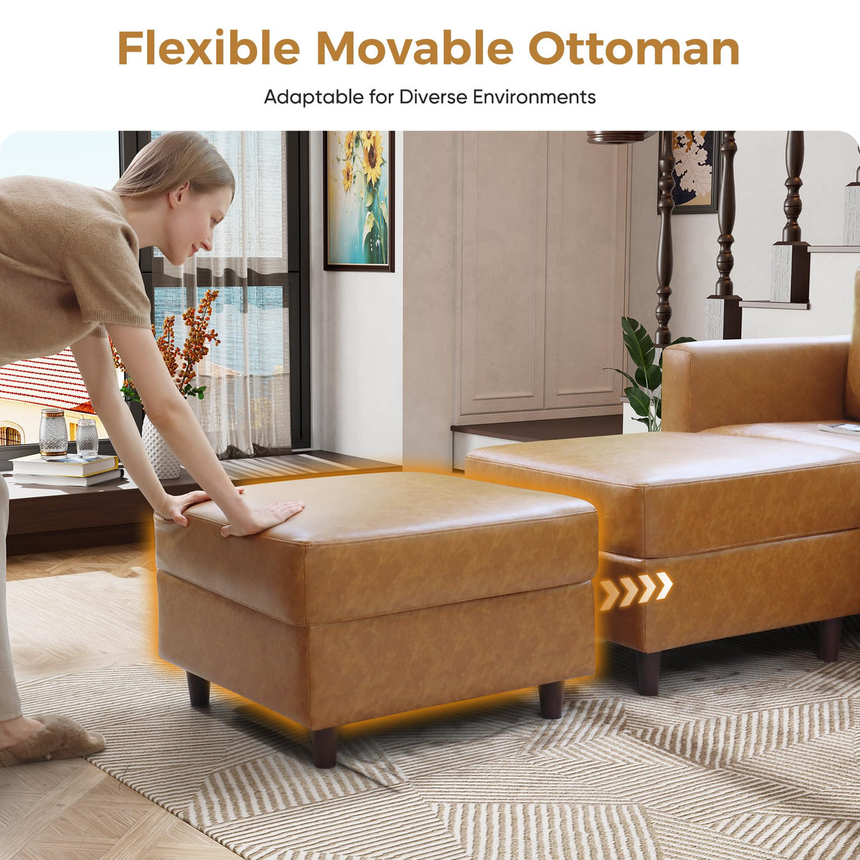 ABCASA Faux Leather Loveseat Sofa Sleeper Bed with Storage Seat, 64.6" Modular Sectional Couch Deep Seat with Reversible Chaise 2-Seat Brown ABCASA