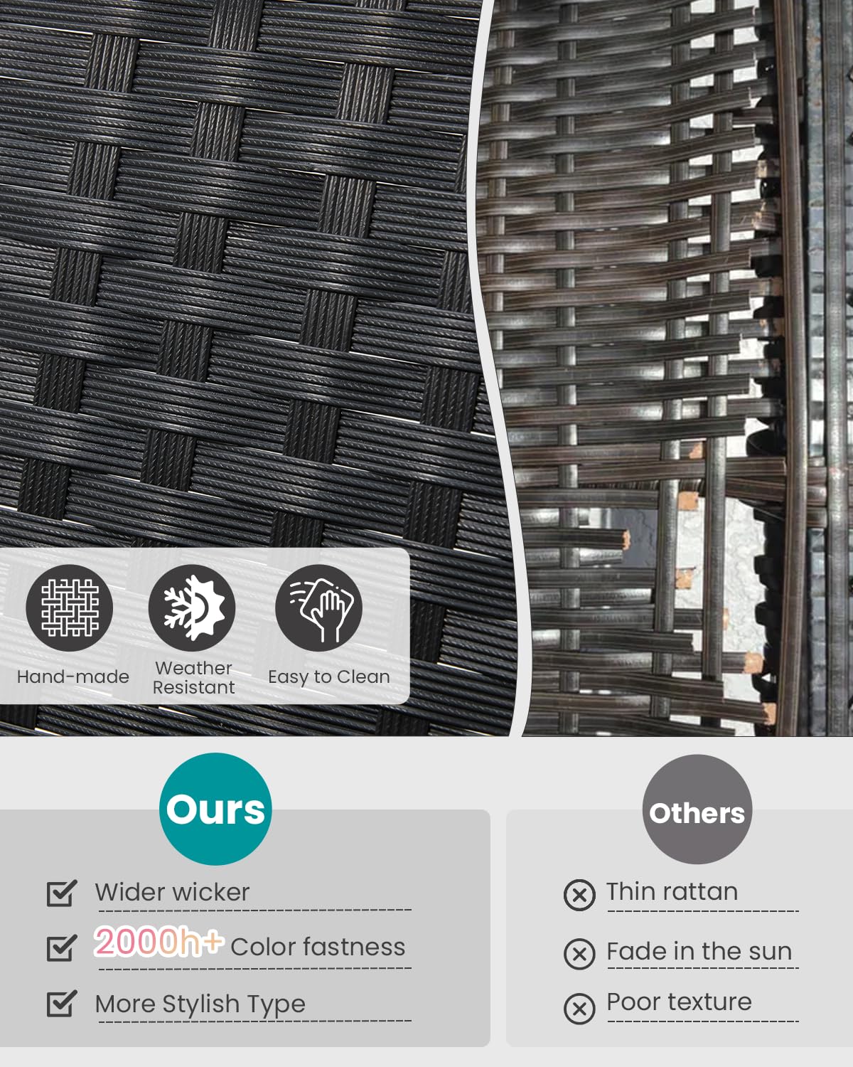 Bezseller 3 Pieces Patio Furniture Set, Outdoor Rattan Bistro Set with Coffee Table, Durable Steel Frame with Strapped Cushions for Garden, Balcony, Poolside, Backyard Bezseller