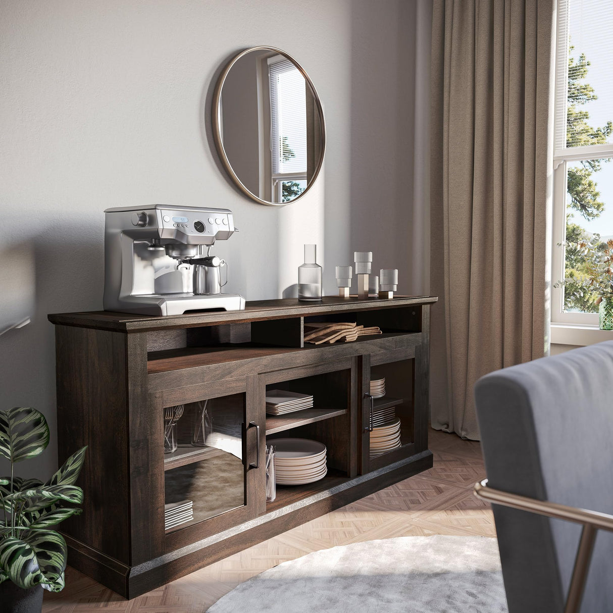 BELLEZE Modern 60 Inch Traditional TV Stand & Media Entertainment Center Console Table for TVs up to 65 Inches with Open Storage Shelves & Cabinets - Cayman (Brown) BELLEZE