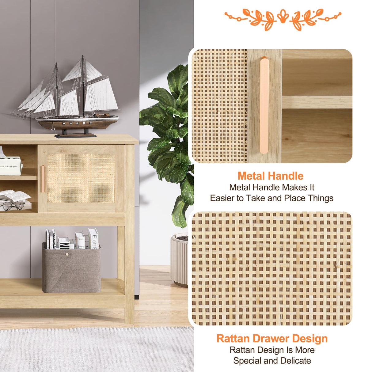 LAZZO 47" Rattan Console Table - Multi-Functional Narrow Entryway & Sofa Table with Storage Cabinets and Drawers LAZZO