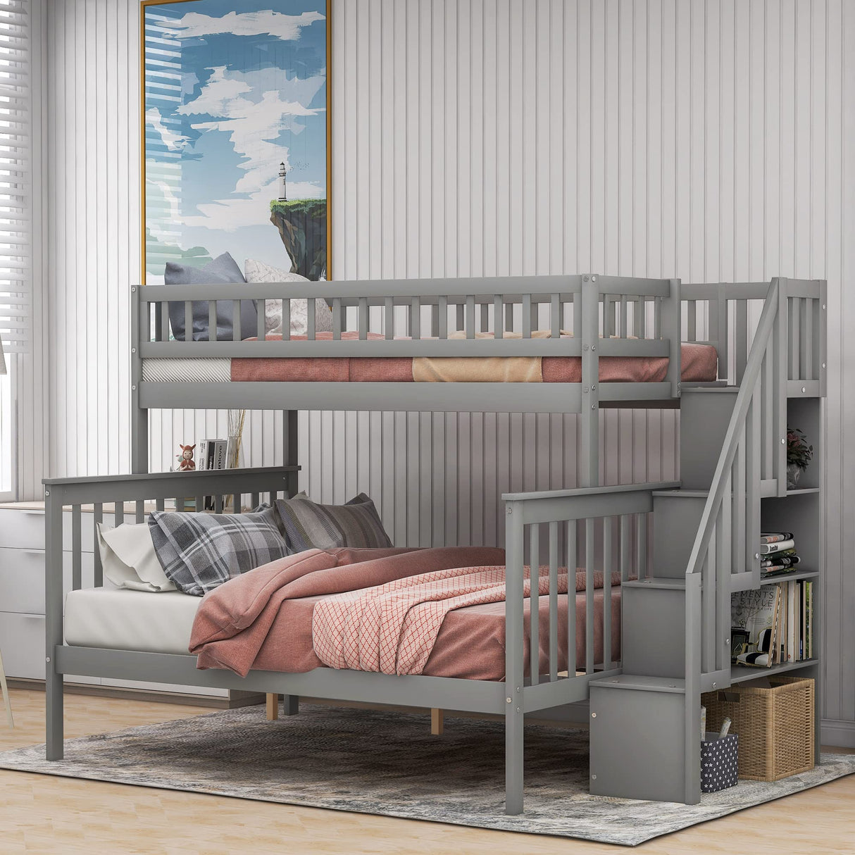 Harper & Bright Designs Twin Over Full Bunk Beds with Stairs, Wood Bunk Bed with Storage and Guard Rails,Bunk Beds Twin Over Full Size for Kids, Bedroom, Dorm, Teens, Adults, Grey Harper & Bright Designs