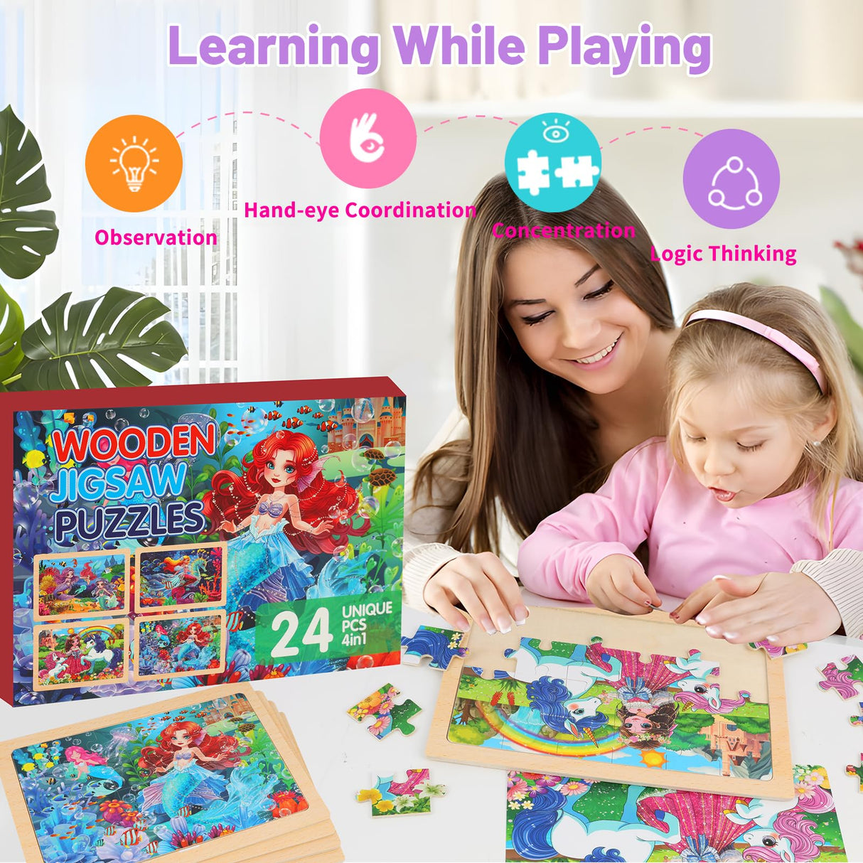 Wooden Puzzles for Kids Ages 4-6, 24 Piece Unicorn Mermaid Princess Jigsaw Puzzles 4 Packs, Preschool Toddlers Learning Activity Puzzles Toys for Girls 3 4 5 6 Years Old OSBOO