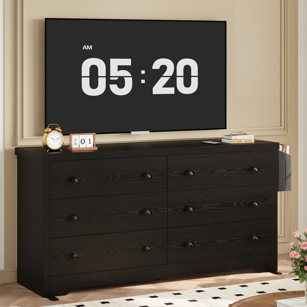 LIKIMIO Dresser for Bedroom 6 Drawer with Charging Station, TV Stand Storage Chest of Drawers for Living Room Hallway Entryway, MDF Board, 59 Inches Black LIKIMIO