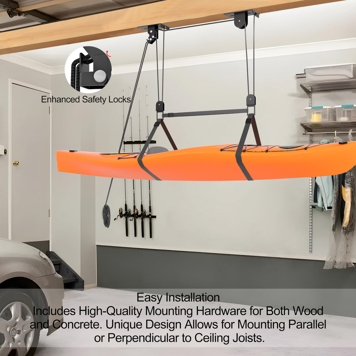 TRUSOON Ceiling Kayak Hoist, Heavy Duty Kayak Pulley System for Garage, Hold Up to 150 lbs Capacity, Canoe Garage Lift Storage System, Fit 10-14 Foot Ceilings, Black TRUSOON
