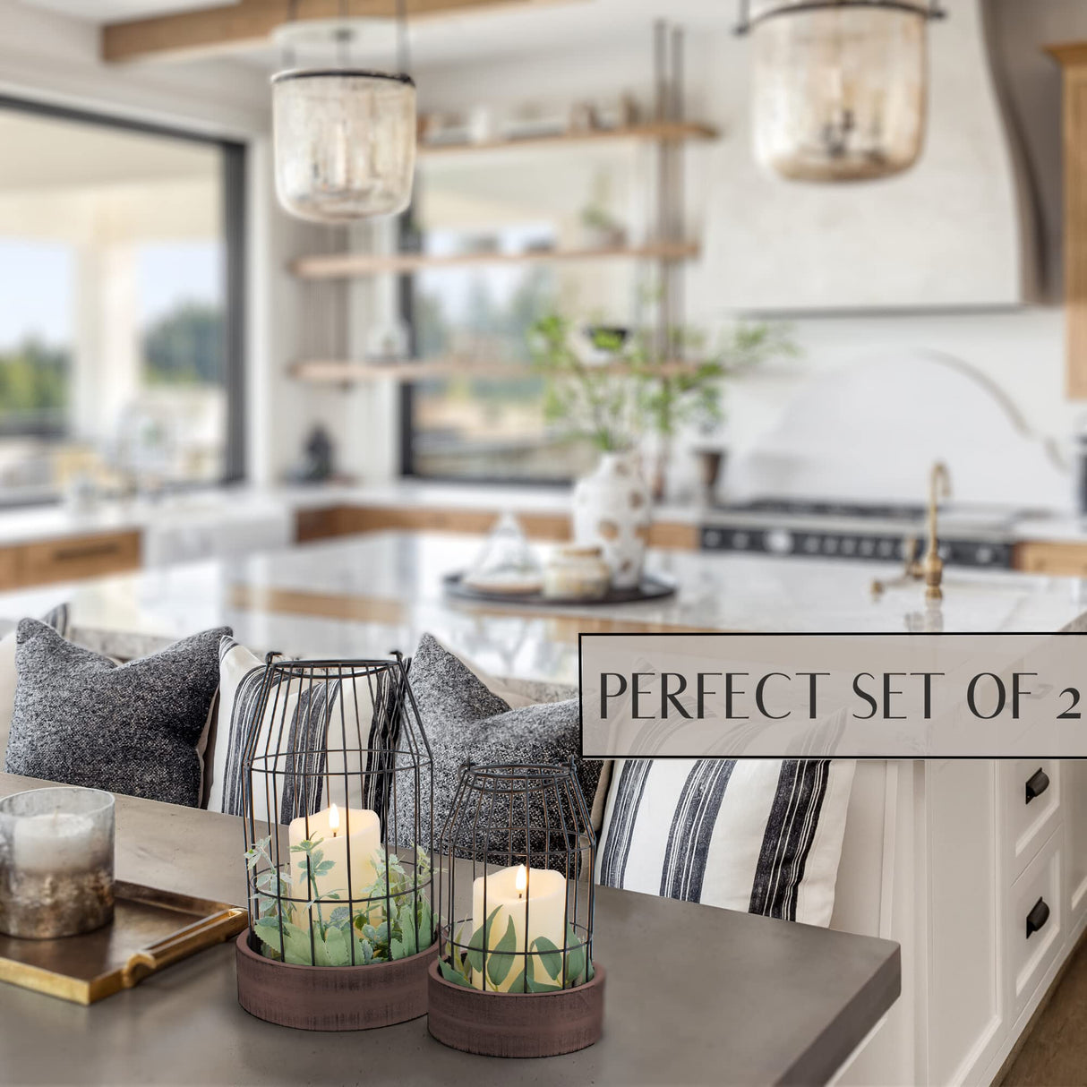 Rustic Farmhouse Lantern Decor Set of 2 - Stylish Decorative Lanterns for Your Living Room, Fireplace Mantle or Kitchen Dining Table - Modern Upscale Beauty for Your Entire Home KIBAGA