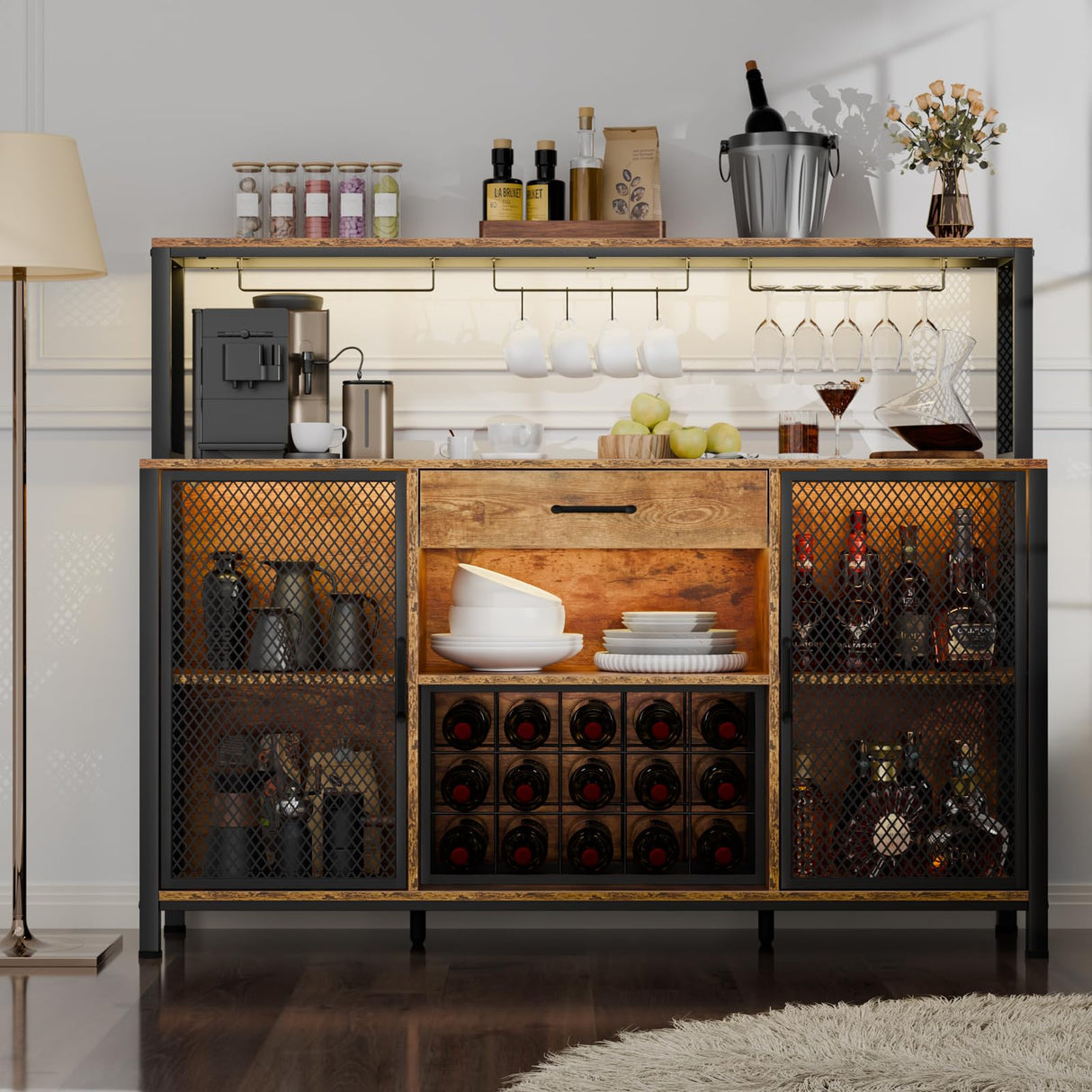 Large Bar Cabinet with Drawer Storage, Rustic Long Wine Cabinet with LED Lights, Farmhouse Wood Metal Liquor Cabinet with Wine Rack and Glass Goblet Holder, Sideboard Buffet for Kitchen,Dining Room Loomie
