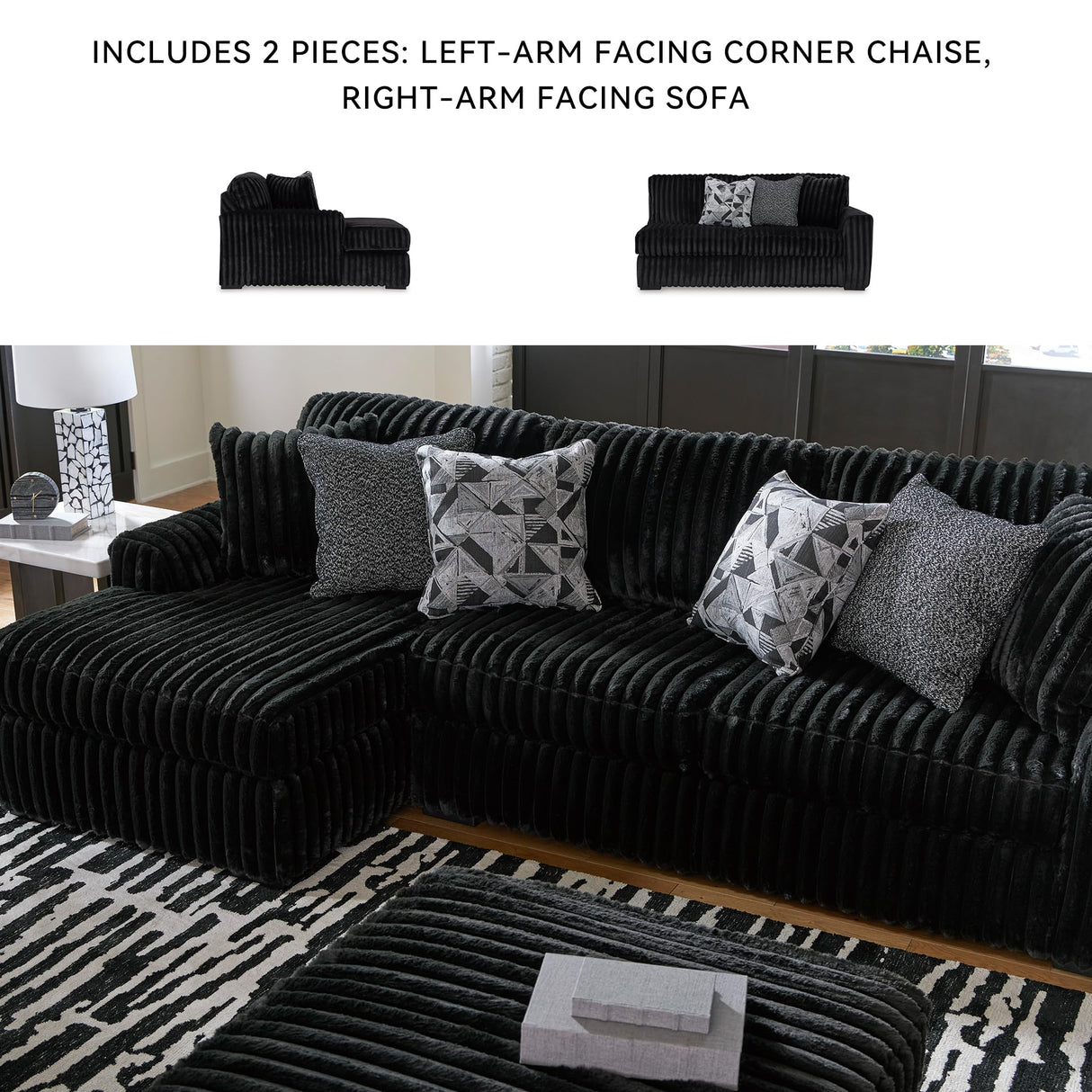 Signature Design by Ashley Midnight-Madness Contemporary L-Shaped 2-Piece Sectional Sofa with Chaise for Living Room, Black Signature Design by Ashley