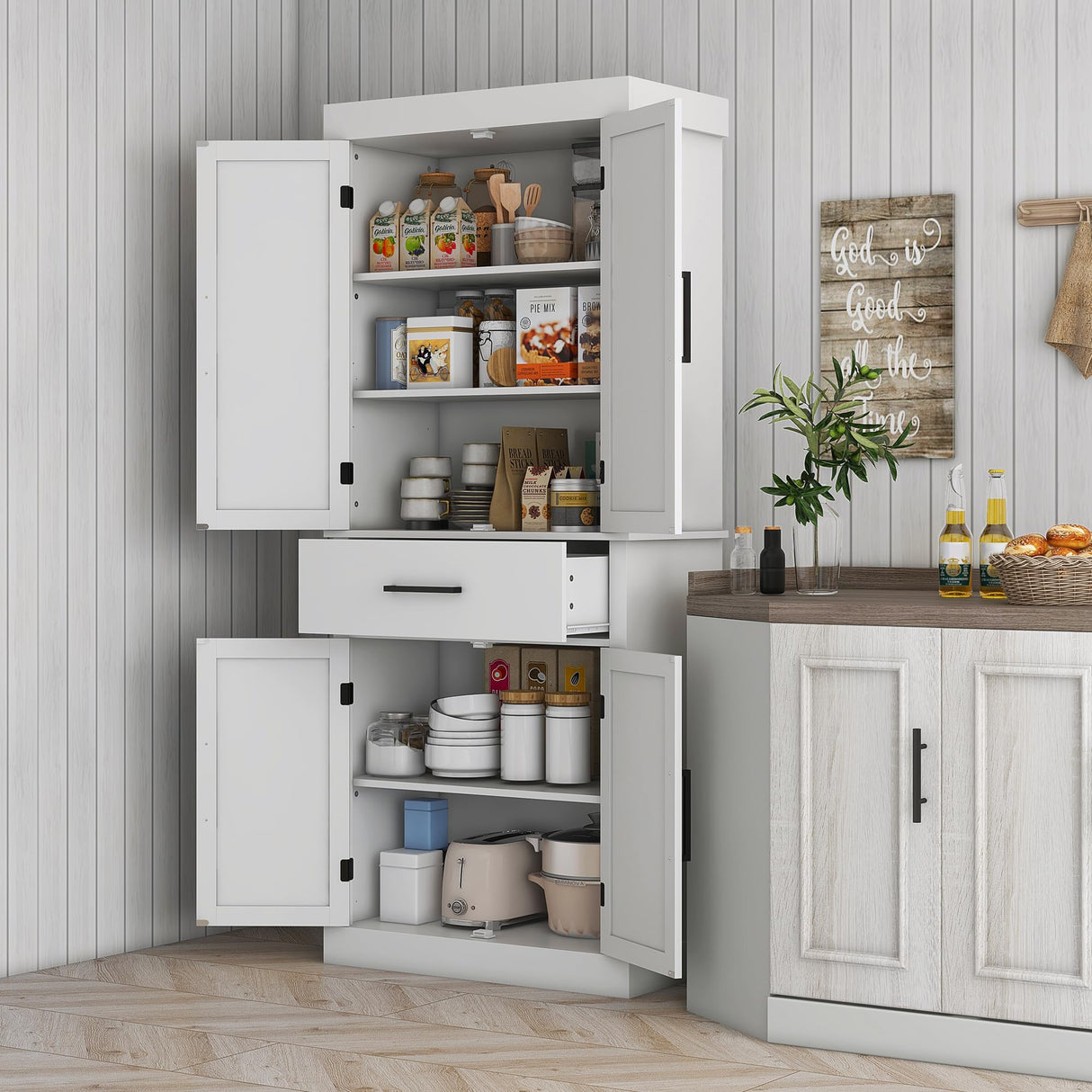 HOMCOM 72" Tall Kitchen Pantry Cabinet with Adjustable Shelves, Farmhouse Storage Cabinet with Barn Doors, Drawer and 5-Tier Shelf, Freestanding Cupboard, White HOMCOM