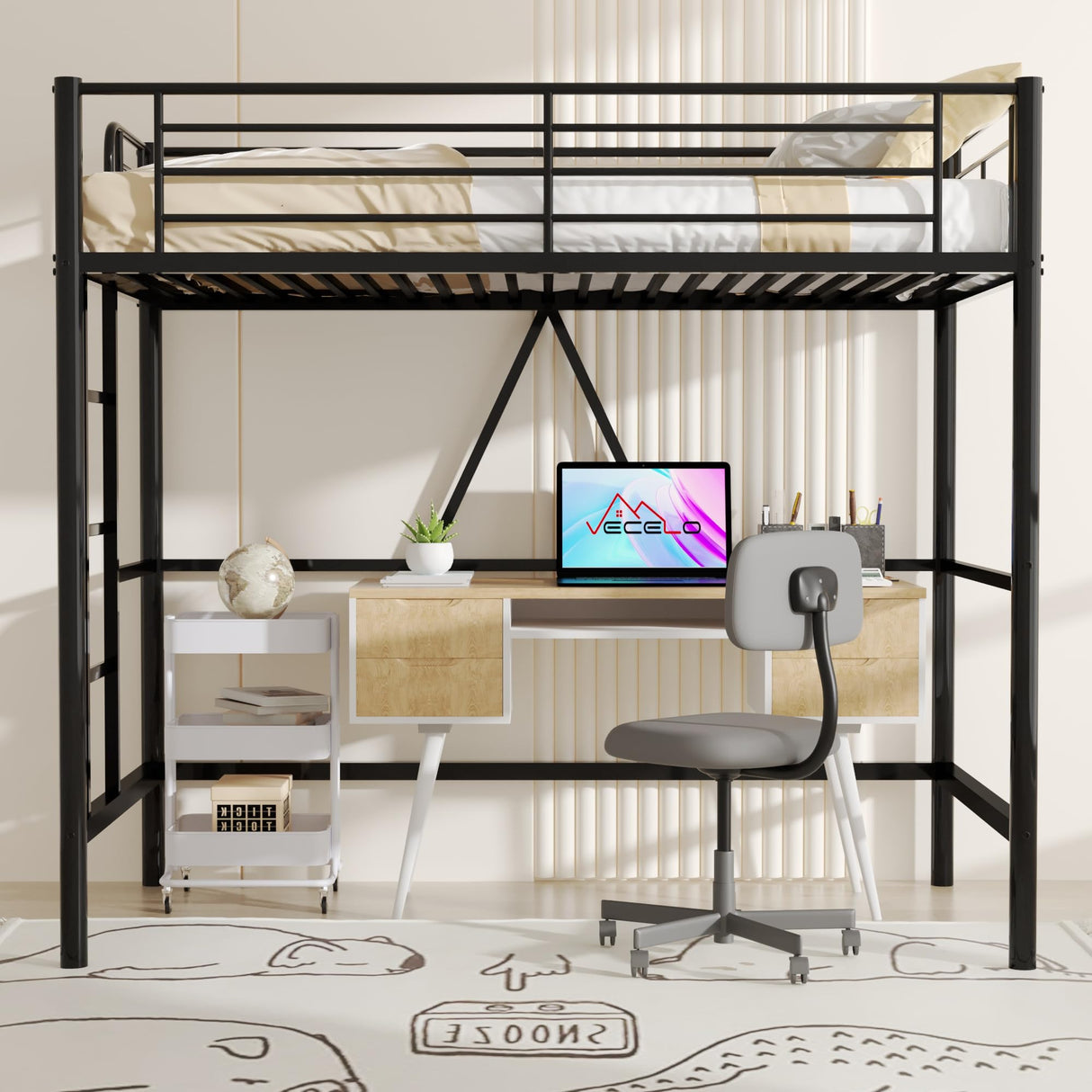VECELO Loft Bed Twin Size, Metal Bedframe with Removable Ladder and Safety Guardrail, No Box Spring Needed, Space Saving, Noise Free, Black VECELO