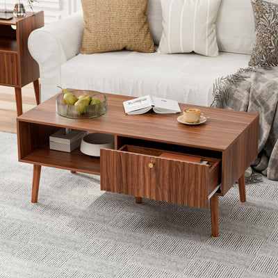 LCRBOL Fluted Coffee Table with Storage, Mid Century Dining Table with Drawer and Solid Wood Legs, Small Coffee Tables for Living Room, Walnut