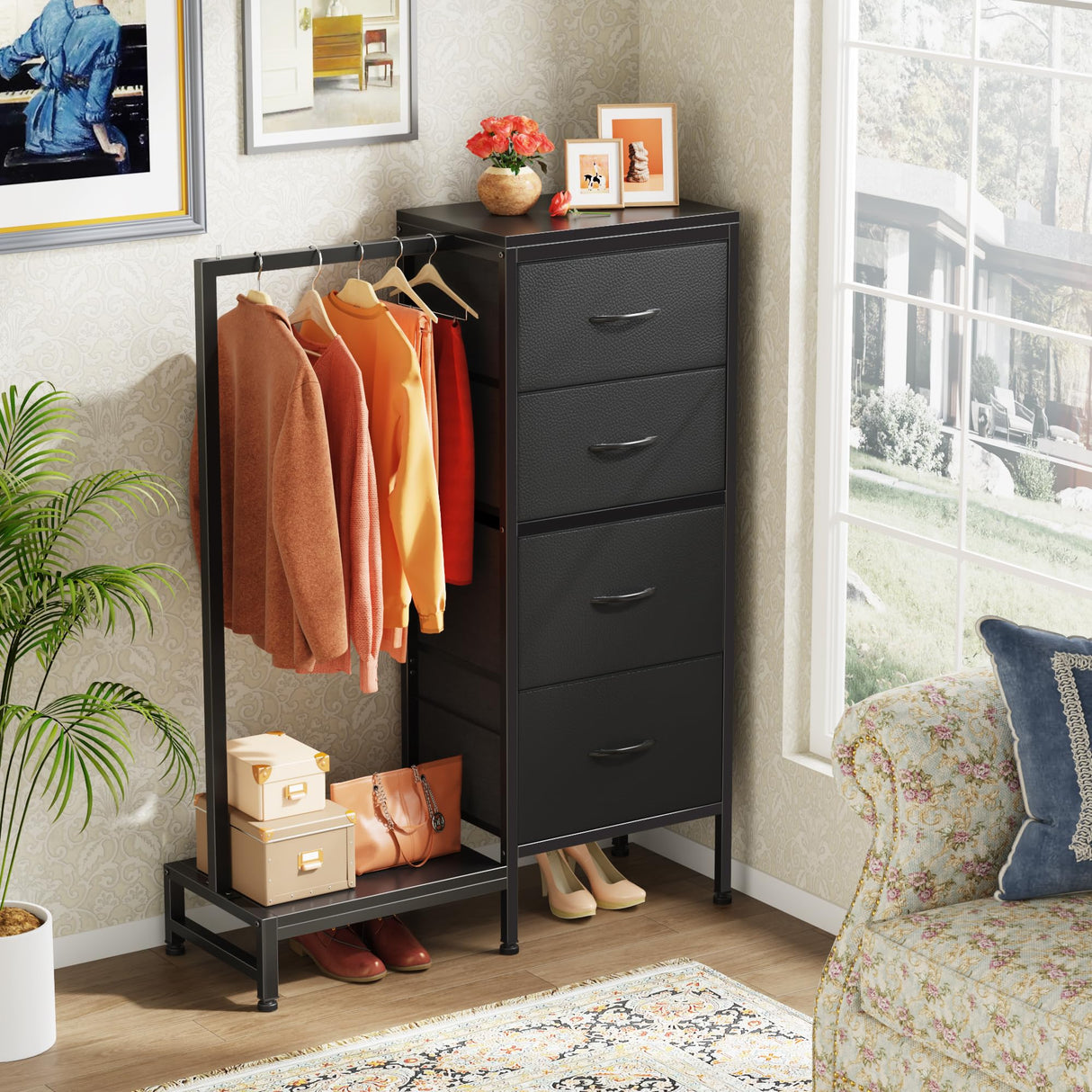 HIGDBFE Dresser with Hanging Rack, 4 Drawers Small Closet for Bedroom, Reversible Fabric Kids Chest of Drawers with Clothes Rack, Tall Storage Tower, Sturdy Frame, Black, 44''H HIGDBFE