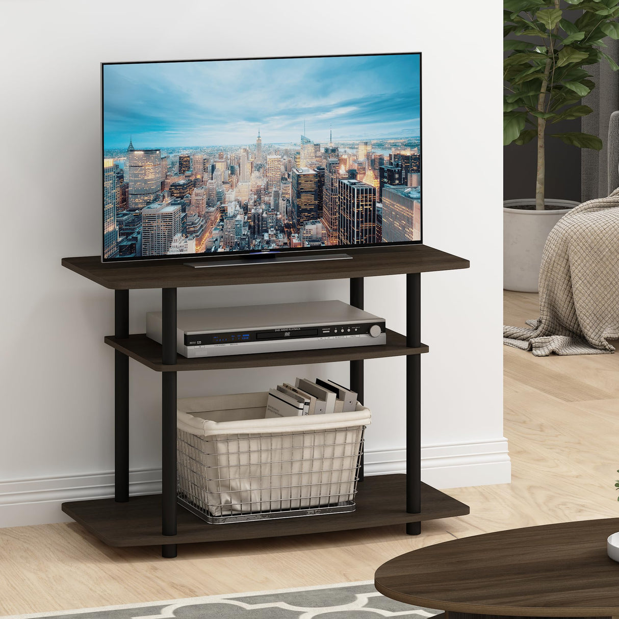 Furinno Turn-N-Tube No Tools 3-Tier Entertainment Center TV Stand for TV up to 32 Inch, Plastic Round Tubes, Dark Brown/Black Furinno
