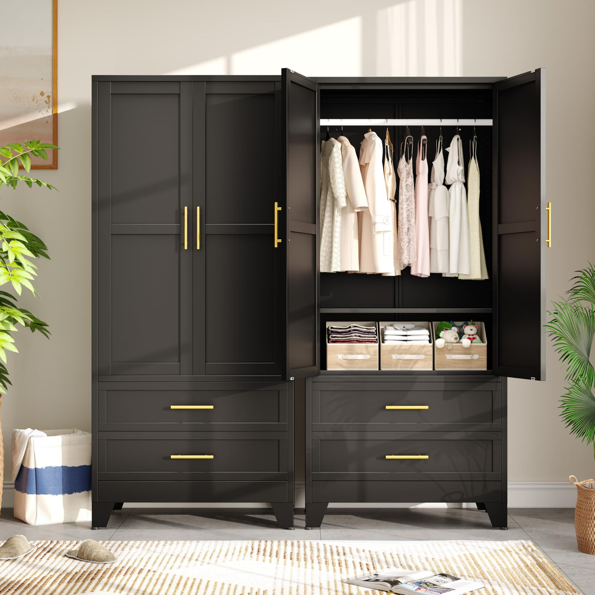 AUEYTVR Metal Armoire Wardrobe Closet Storage Cabinet with Hanging Rod,71'' Metal Wardrobe Cabinet with 2 Drawers and Adjustable Shelf,2 Doors for Bedroom, Laundry Room, Cloak Room AUEYTVR