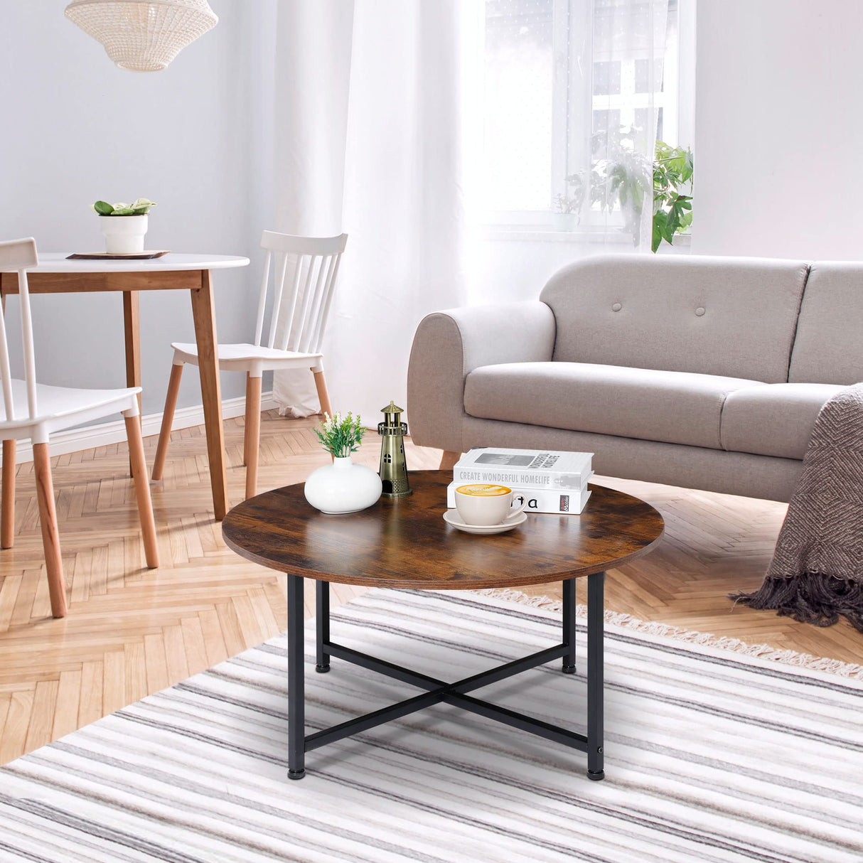 SUPER DEAL Round Coffee Tables w/ 32 Inch Rustic Wooden Surface Top and Sturdy Metal Legs Industrial Cocktail Table for Living Room, Rustic Brown SUPER DEAL