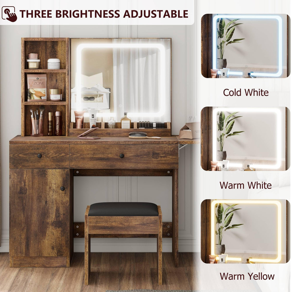 GarveeHome Makeup Vanity Desk with Mirror and Lights, Vanity Table Set with Drawer & Power Outlet & Storage Chair & 3 Shelves, Bedroom, Brown GarveeHome