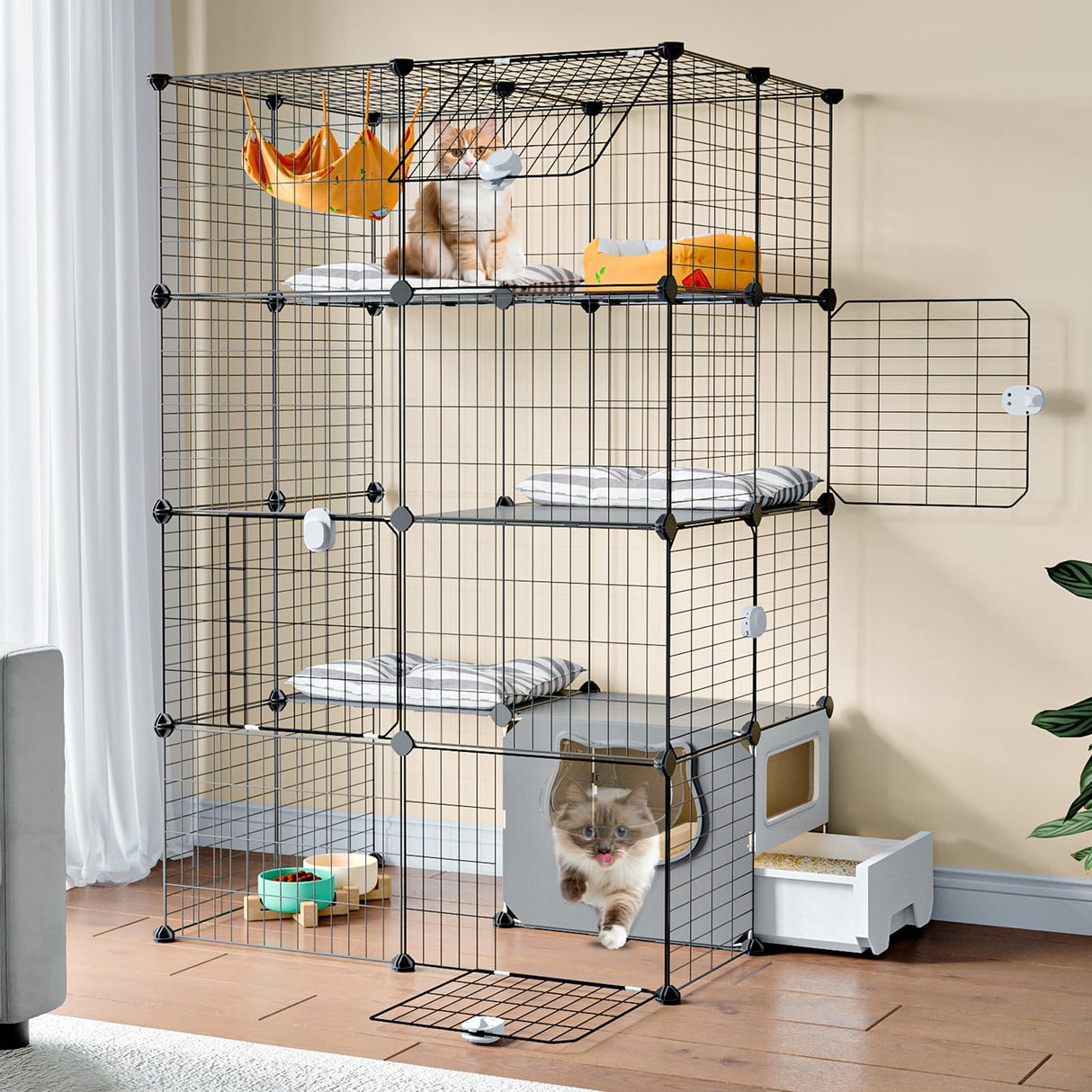 Oneluck Cat Cage with Litter Box,4-Tier DIY Cat Enclosures Detachable Metal Wire Kennel Indoor Crate Large Exercise Place Ideal for 1-2 Cats Oneluck