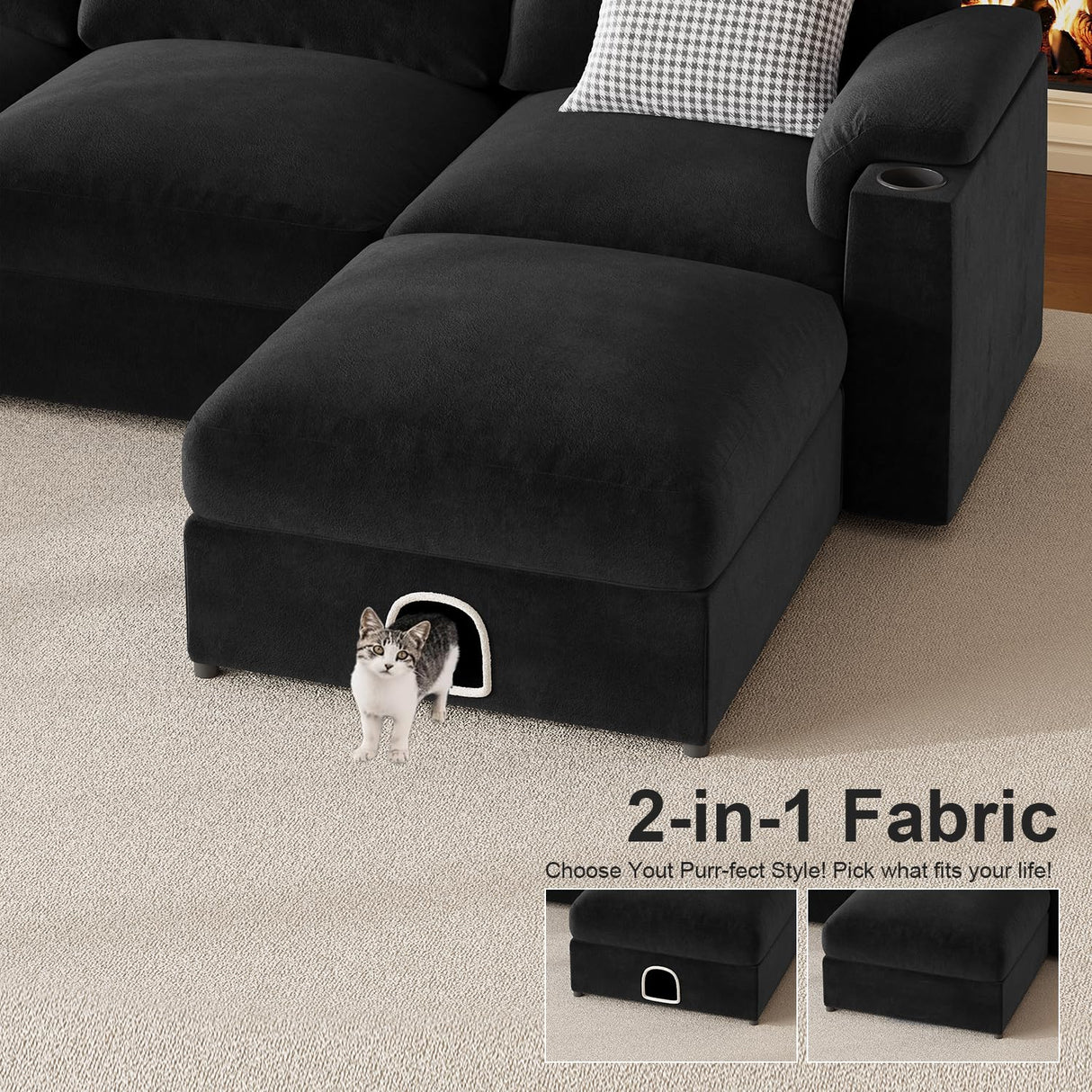 HOMYHOMEY Modular Sectional Sofa Couch for Living Room Velvet Couches Oversized U Shaped Convertible Sleeper Sofa Chaise Detachable Armrest Cushion Washable Cover Cup Holder (Black, 8 Seats) HOMYHOMEY