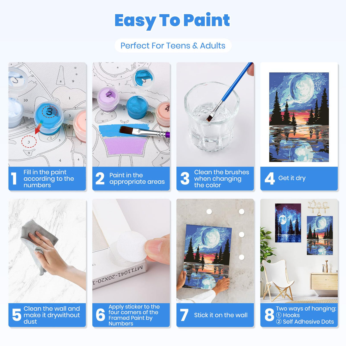 4 Pack Paint by Numbers Kits for Adults Beginners Framed Canvas, Adult Paint by Number Kit with Easel, Moon Mountain Landscapes Painting by Numbers for Beginners, Arts and Crafts for Decor 8x12inch Genius maker