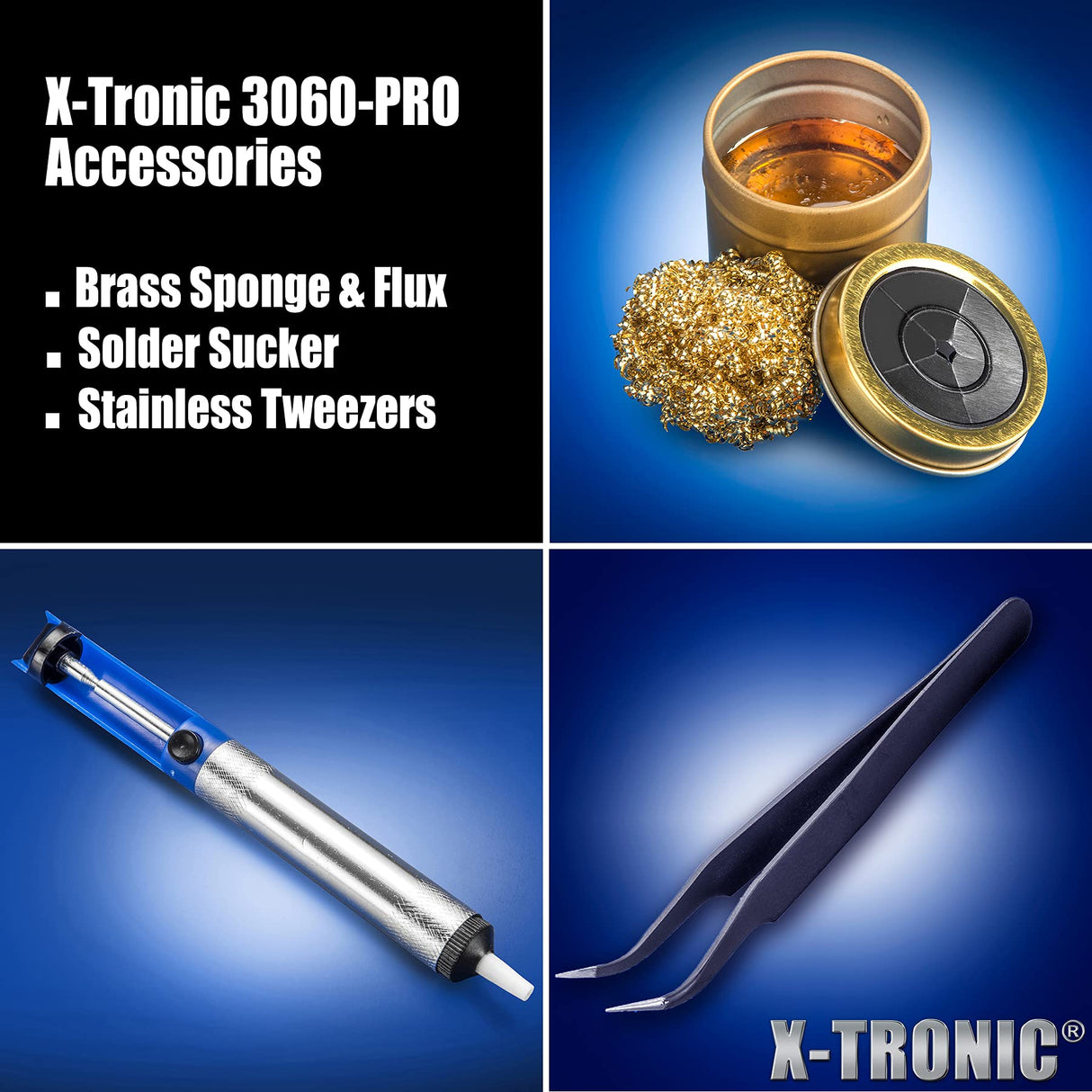 X-Tronic 3060-PRO • 75W Soldering Iron Station Kit • 5 Extra Tips • Mini Mag Lamp • 4 Helping Hands • Solder Sucker • Tweezers • 50g Solder • Brass Sponge w/Flux • Sleep Func, °C/°F, 3 Temp Presets! X-TRONIC