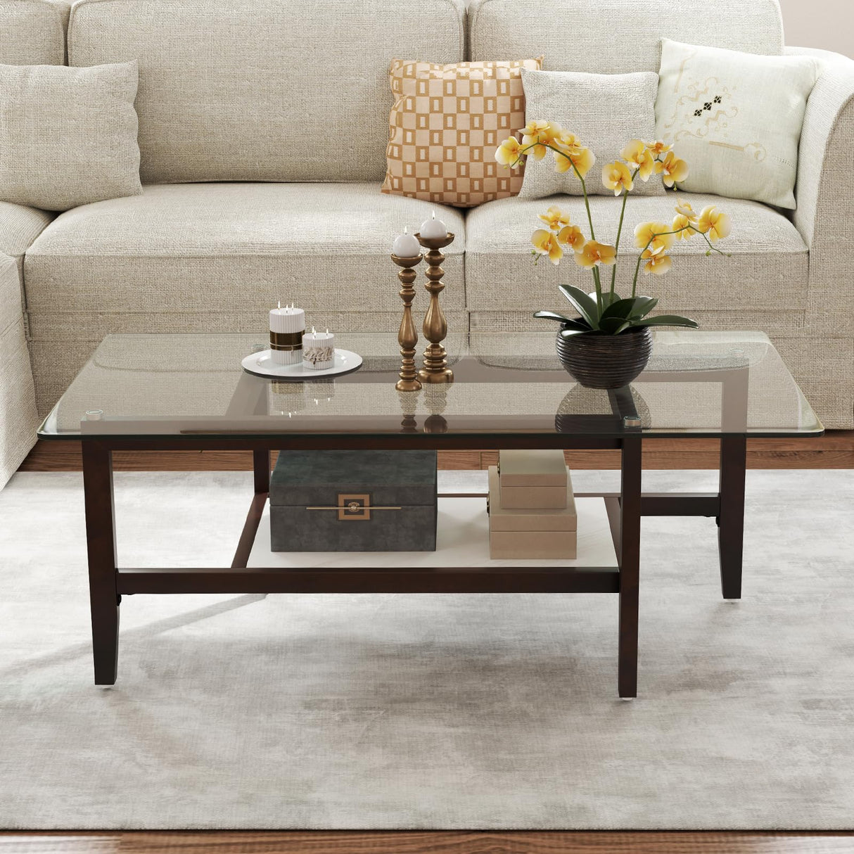 Tangkula Glass Coffee Table, 42” 2-Tier Rectangular Center Table with Storage Shelf & Solid Rubber Wood Legs, Modern Cocktail Table for Living Room, Home Office (Brown, 42" x 23.5") Tangkula