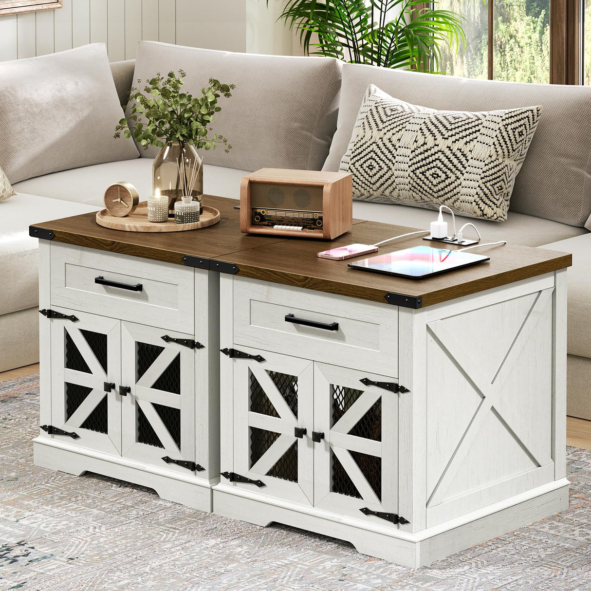 RALGEND White Farmhouse End Table with Charging Station, 24" Large Sofa Side Table with Drawer, Large End Table for Living Room, Wooden Nightstand with Outlet, Square, White and Walnut 66BZUWH RALGEND