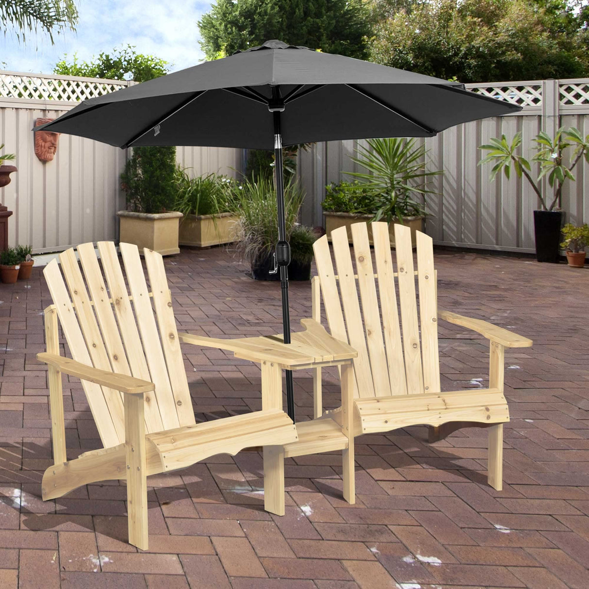 Outsunny Wooden Adirondack Chairs for Two People, Outdoor Fire Pit Chair with Table & Umbrella Hole, Patio Chair for Deck Lawn Pool Backyard, Natural Outsunny