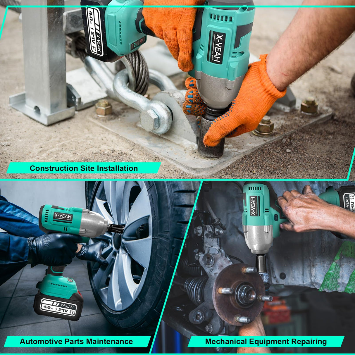 X-YEAH Cordless Impact Wrench - 1/2" Brushless Impact Gun, Max Torque 406 Ft-lbs(550N.m), with 21V 4.0Ah Li-ion Battery & Charger Kit in Case - Powerful and Portable X-YEAH