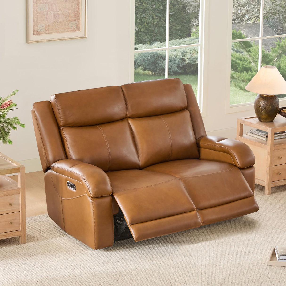 Watson & Whitely Genuine Leather Power Loveseat Recliner Sofa, 2 Seat Wall Hugger Reclining Sofa with Power Headrest & Charging Ports, Dual Recliner Sofas for Living Room, RV, Saddle Brown Watson & Whitely