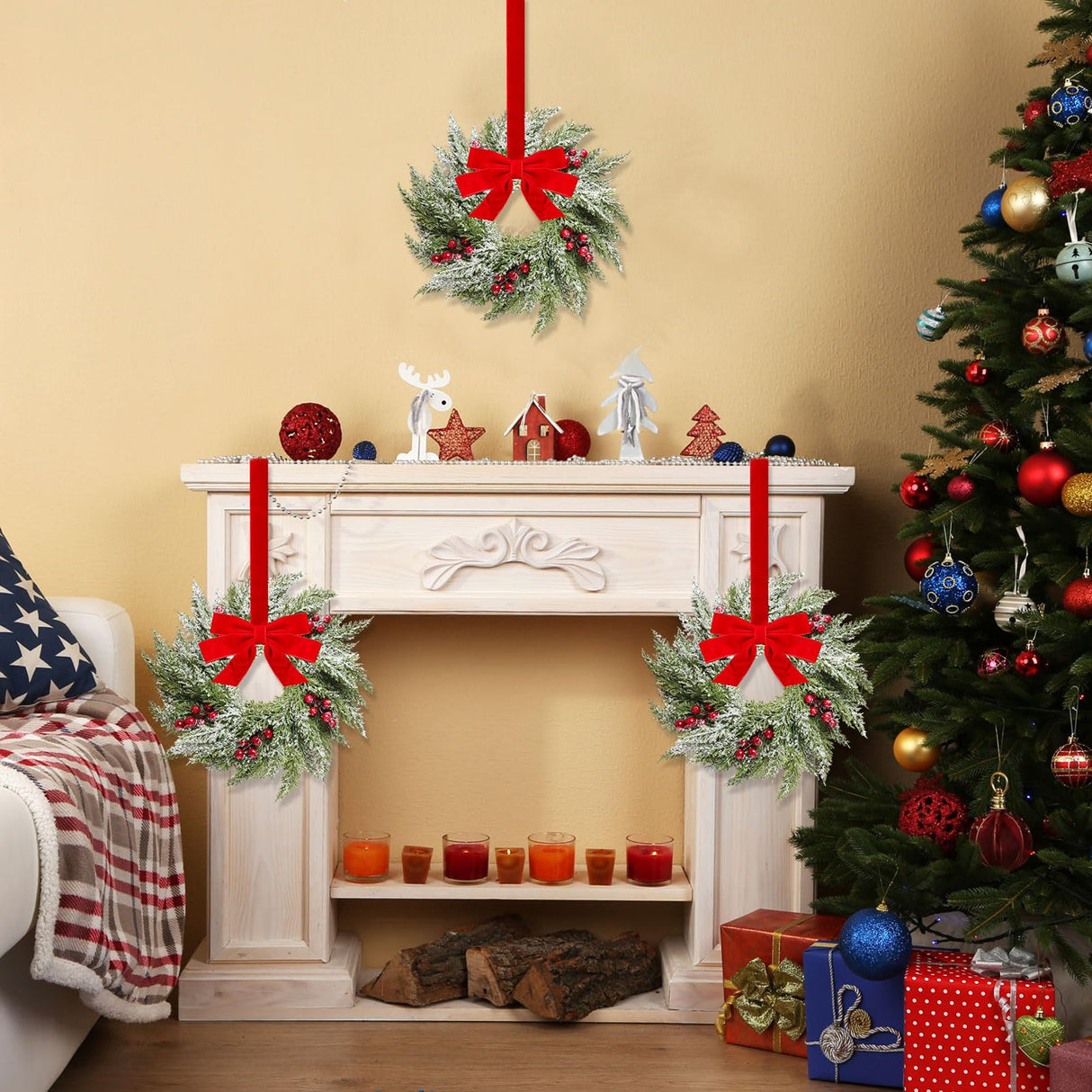 Barydat 18 Pcs Christmas Wreath Decorations Christmas Kitchen Cabinet Wreaths with Red Ribbon Mini Wreaths Farmhouse Decoration Artificial Hanging Garlands for Christmas Front Door Window Chair Wall Barydat