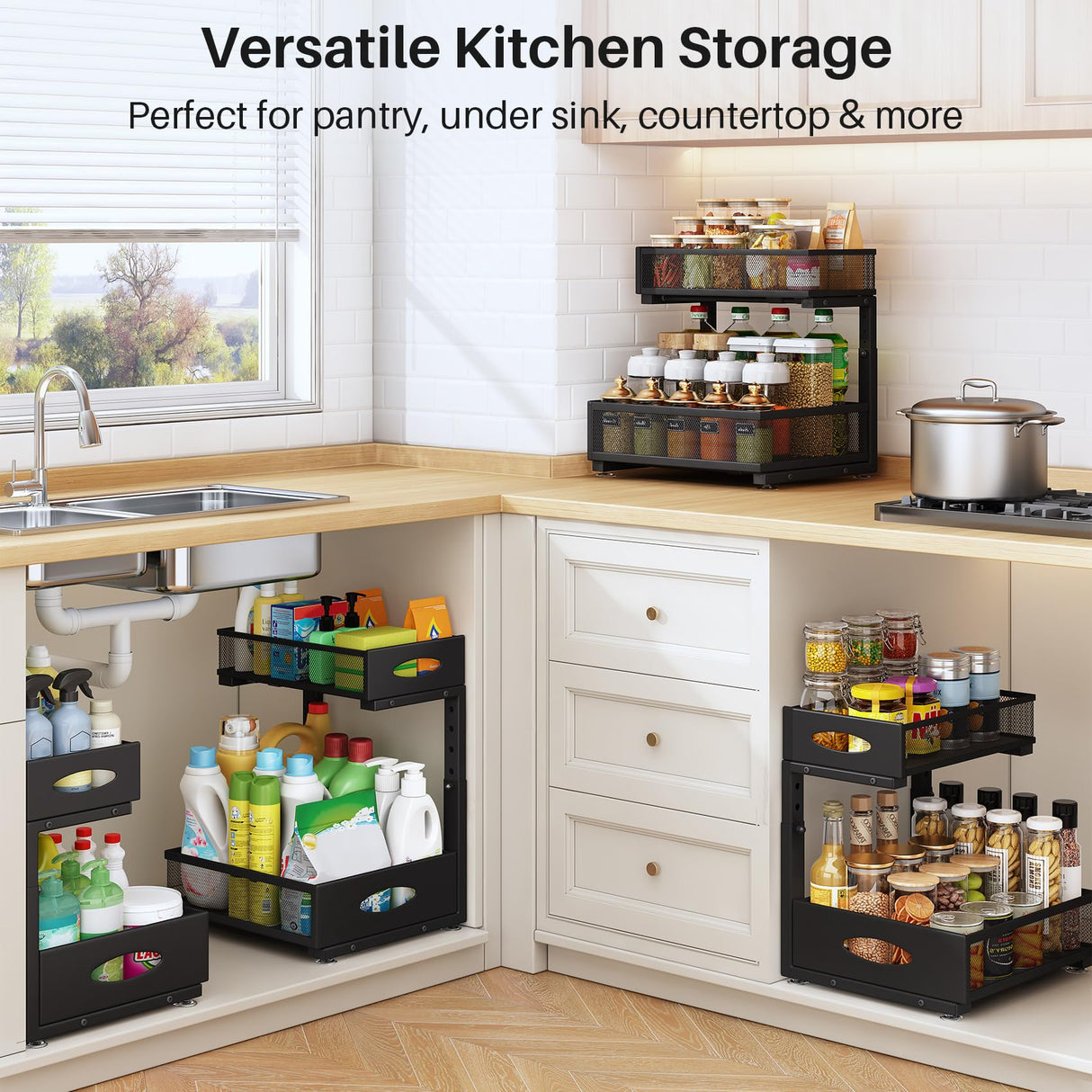 Under Sink Organizer, 2 Pack 2 Tier Pull Out Under Cabinet Organizer Shelf with Pad for Framed Cabinets, Metal Slide Out Under Sink Storage, Mesh Sliding Drawers for Kitchen Bathroom Laundry, Black PXRACK