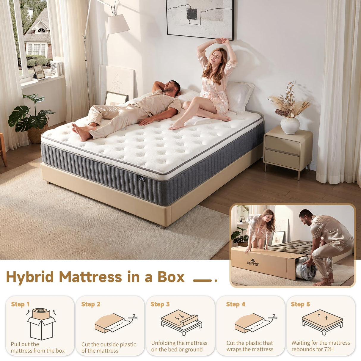 SNFPNE Full Size Mattress 12 Inch, Hybrid Memory Foam Mattress with Zoned Pocket Coils Support and Motion Isolation Design, Strengthen Edge Support,CertiPUR-US Certified, Medium Firm in a Box SNFPNE