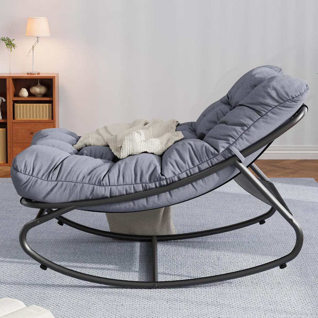 Outdoor Papasan Rocking Chair with Removable Cushion, 450 Lbs Capacity, Adjust The Swing Range & Rust-Resistant Metal Frame for Patio, Garden, Poolside - Oversized Comfort Egg Chair Design, Gray Hipicute