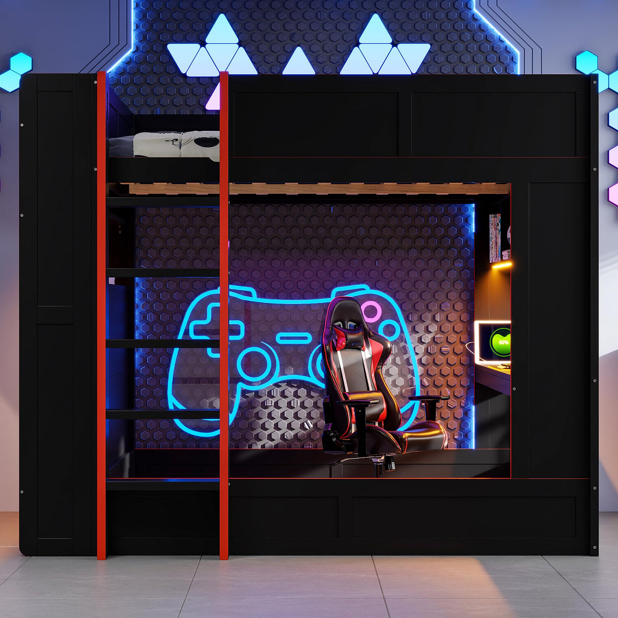 LUMISOL Full Size Gaming Loft Bed with Desk, Wood Bunk Bed Frame with Storage Shelves, LED and Charging Station, Black LUMISOL