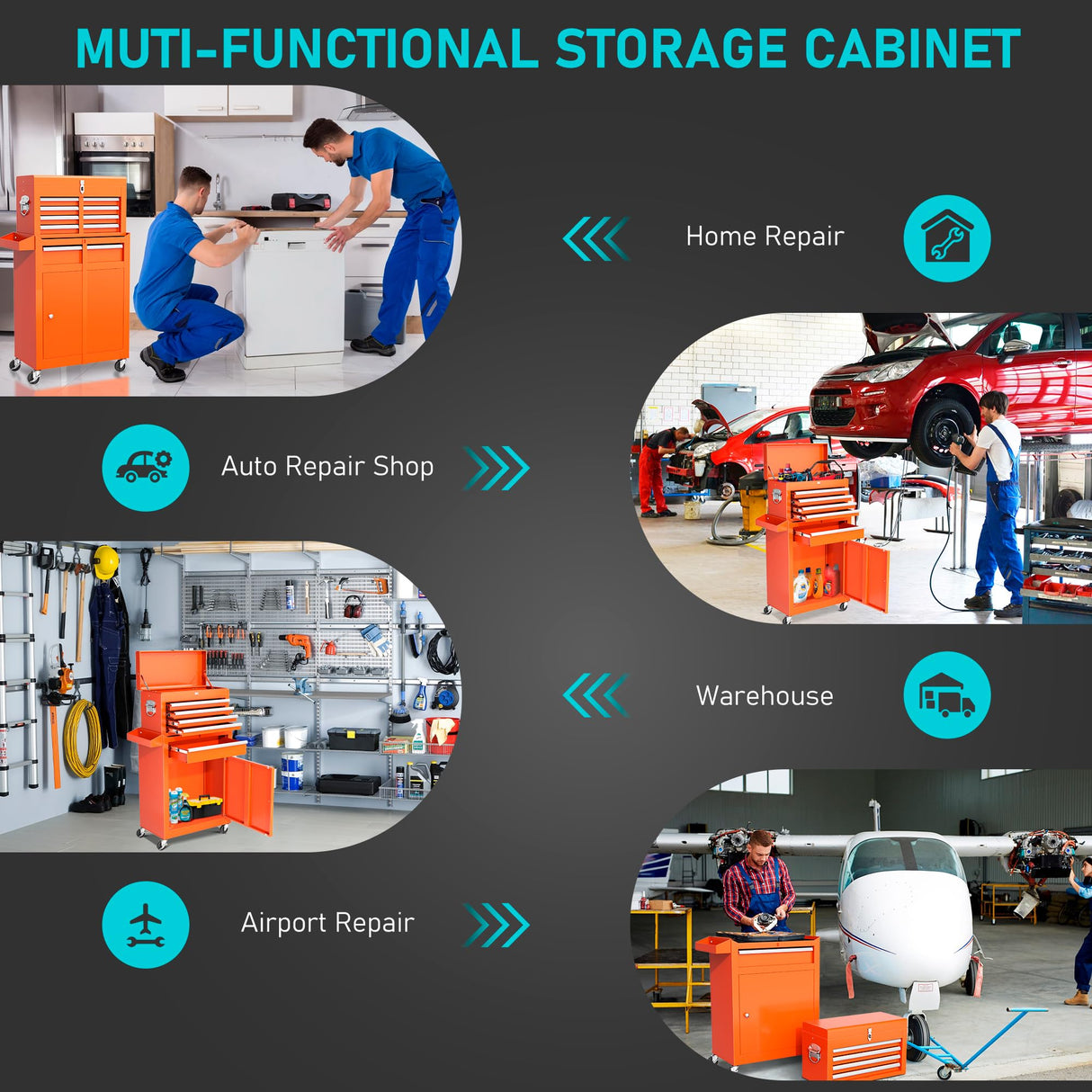 Greenvelly Metal Tool Chest,5-Drawer Rolling Tool Cart with Wheels,2 in 1 Detachable Tool Cabinets,Liners and Locking System for Warehouse, Garage,Workshop, Barbershop(Orange) Greenvelly