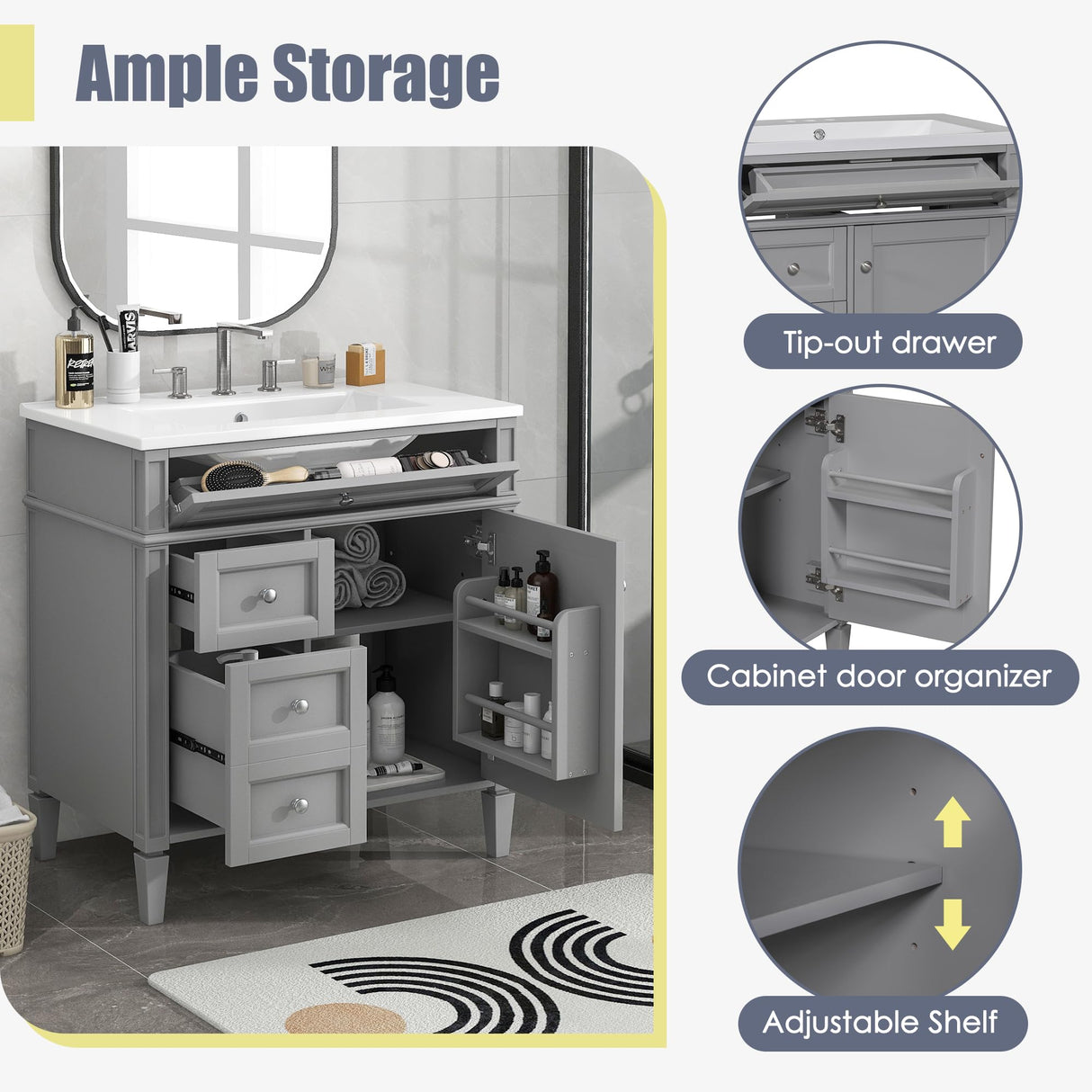 Virubi 30" Bathroom Vanity with Single Sink Combo, Modern Undermount Bathroom Sink Cabinet with 2 Drawers and a Tip-Out Drawer, Freestanding Bathroom Vanities, Soft Closing, Solid Wood Frame Virubi