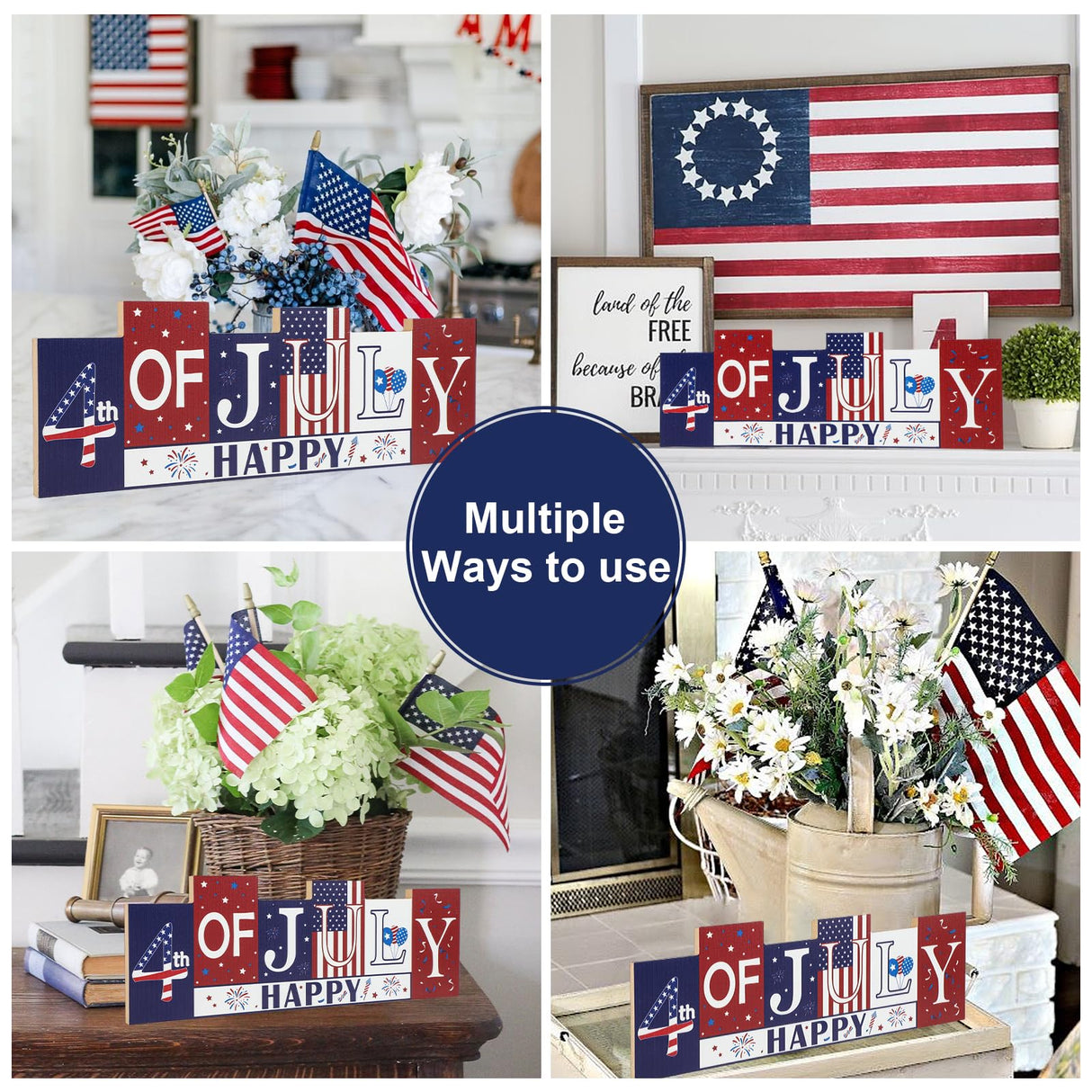 4th of July Decorations Wooden Table Sign Summer Decorations, Patriotic Independence Day Memorial Day Decorations Reversible Double-sided Different Theme Farmhouse Tabletop Centerpiece Decor Sophena