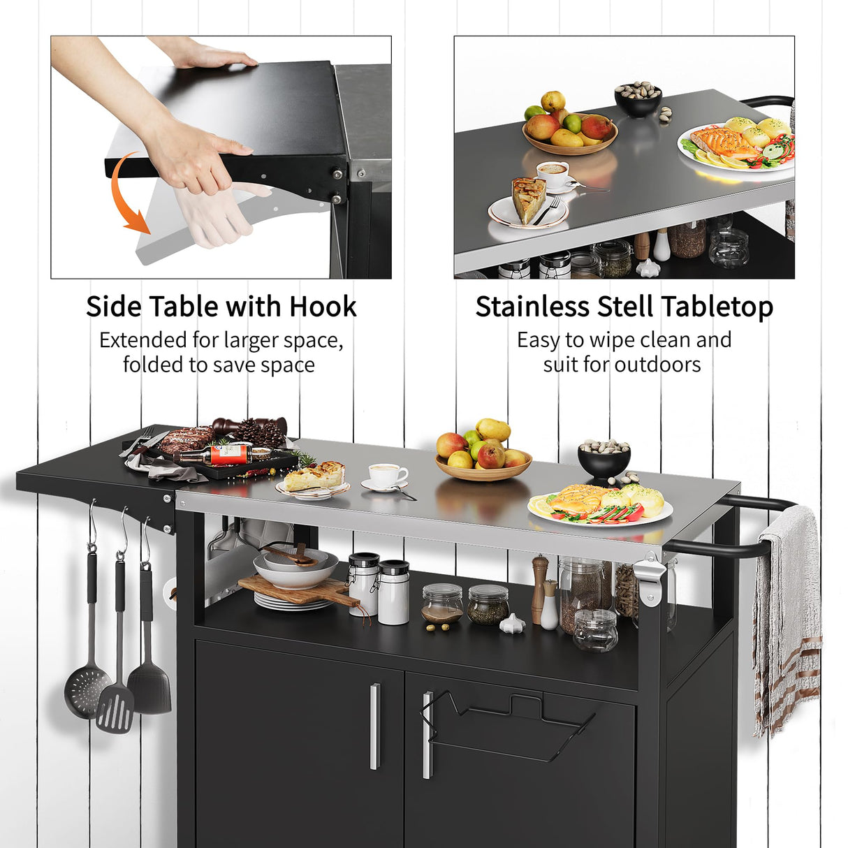 Shintenchi Outdoor Grill Cart Table with Stainless Steel Top for Kitchen Prep and BBQ, Outdoor Kitchen Island Table with Side Handle, Multifunctional Outdoor Grill Table, Black Shintenchi