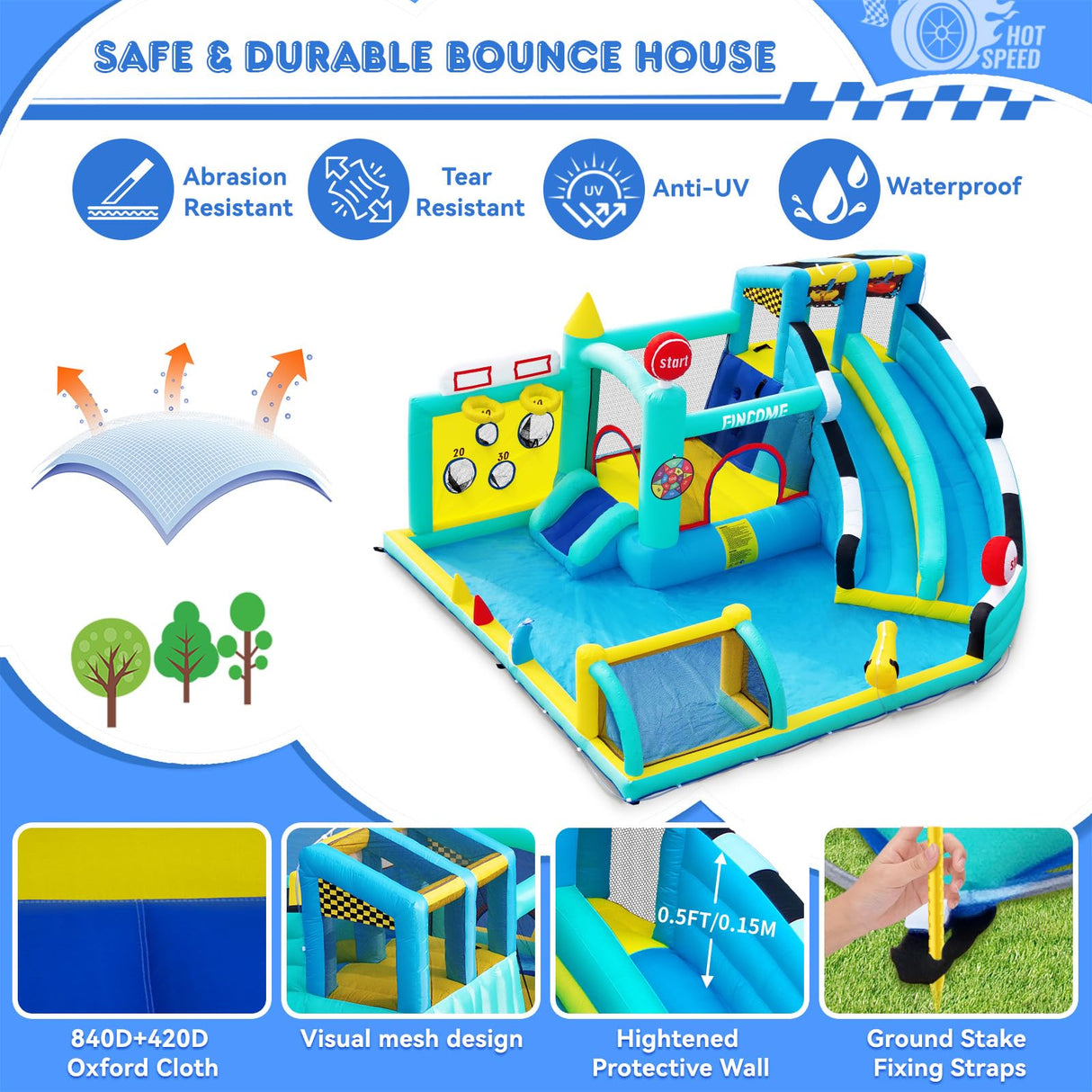 FINCOME Bounce House Double Slides for Kids 3-12, Large Bounce Castle with Air Blower 550W, Pool, Jumping, Climbing, Balls, Ring Toss, Inflatable Water Park for Birthday Party Holiday Outdoor Indoor FINCOME
