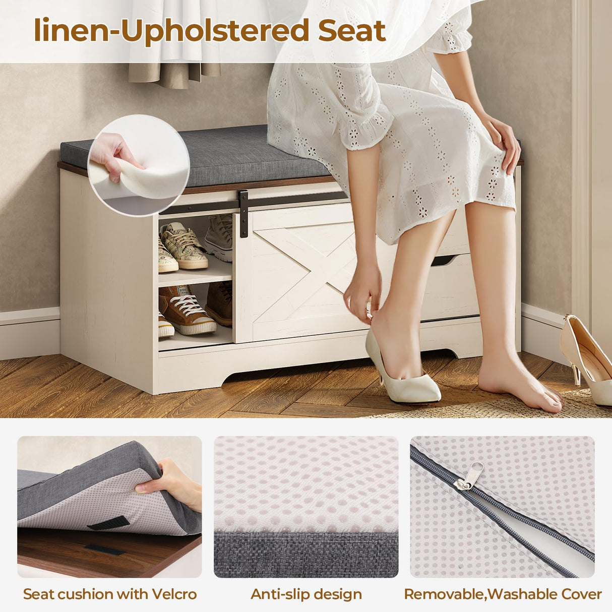 UPOSOJA Farmhouse Storage Bench with Cushion, Shoe Rack with Slide Barn Doors, Adjustable Shelf and 2 Drawer for Entry, Bedroom, Closet, Living Room, Hallway (White Brown, 40 in) UPOSOJA