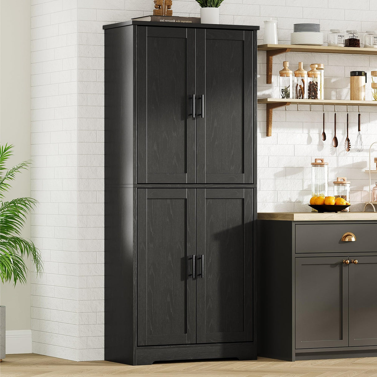 GarveeHome 70 in Tall Kitchen Pantry Cabinet, Freestanding Storage Cabinet with 4 Doors and Adjustable Shelves, Large Utility Hutch Cupboard for Dining Room, Bathroom, Living Room (Black) GarveeHome